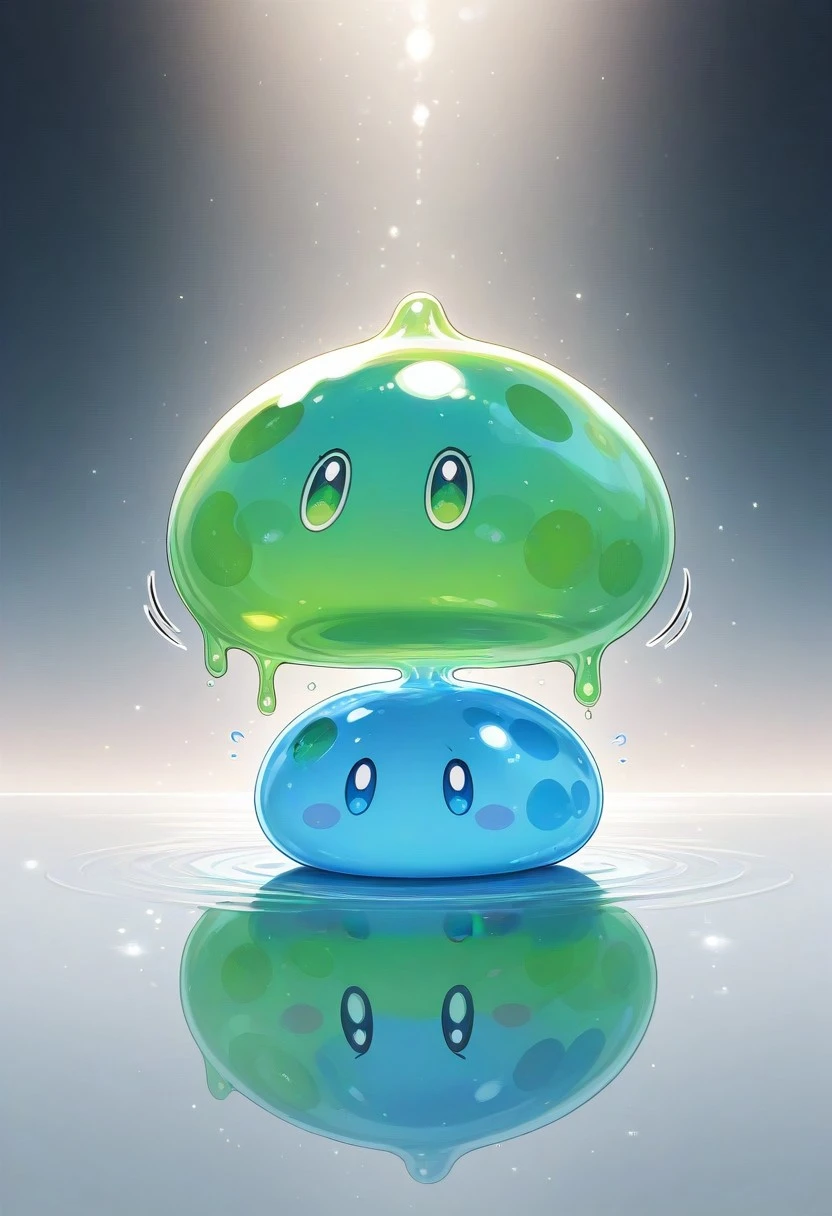 realistic material, multiple perfect slime \(creature\), blue slime, green slime, beautiful quality, light particles, cute face, eyes, kawaii,bouncing, reflective surface, masterpiece, best quality, amazing quality