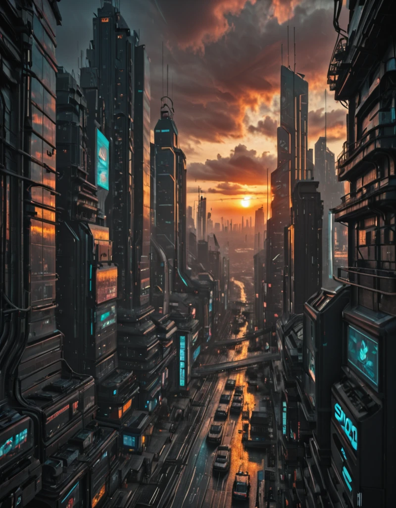 <lora:Space_Worlds_02_v1_Dark:1.0> sw02d_illus, cyberpunk city, from side, sunset
