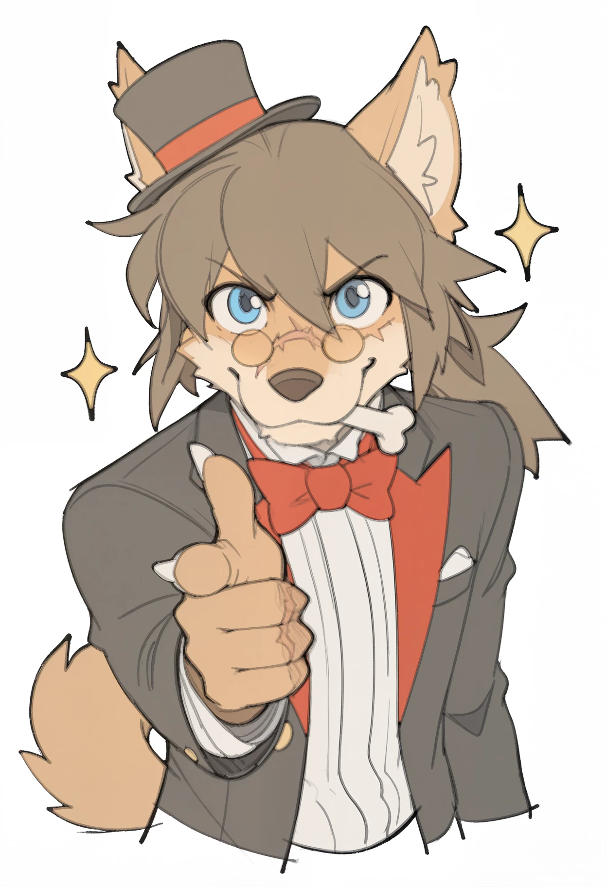 masterpiece,best quality,amazing quality, tmchng, chibi, flat colors, sketch, RedSav, 1boy, furry male, solo, upper body, close-up, two-tone fur, brown hair, dog ears, animal nose, detailed eyes, blue eyes, dog tail, scar on face, tuxedo, red bowtie, pince-nez, mini top hat, smile, looking at viewer, bone in mouth, hand up, arm at side, pointing at viewer, finger gun, claws, white background, simple background, sparkle