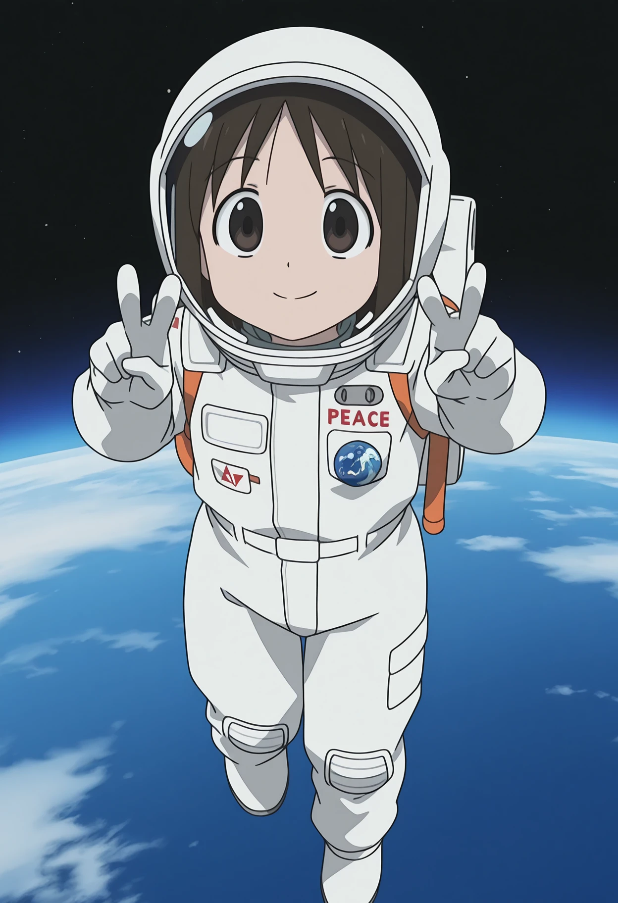 detailed background, official style,anime coloring, (anime screencap) masterpiece, detailed face,1girl,   <lora:Osaka-san:0.8> Osaka, solo, brown hair, astronaut suit, astronaut helmet, hair in helmet, in space, floating, earth in background, ^.^, v, peace sign