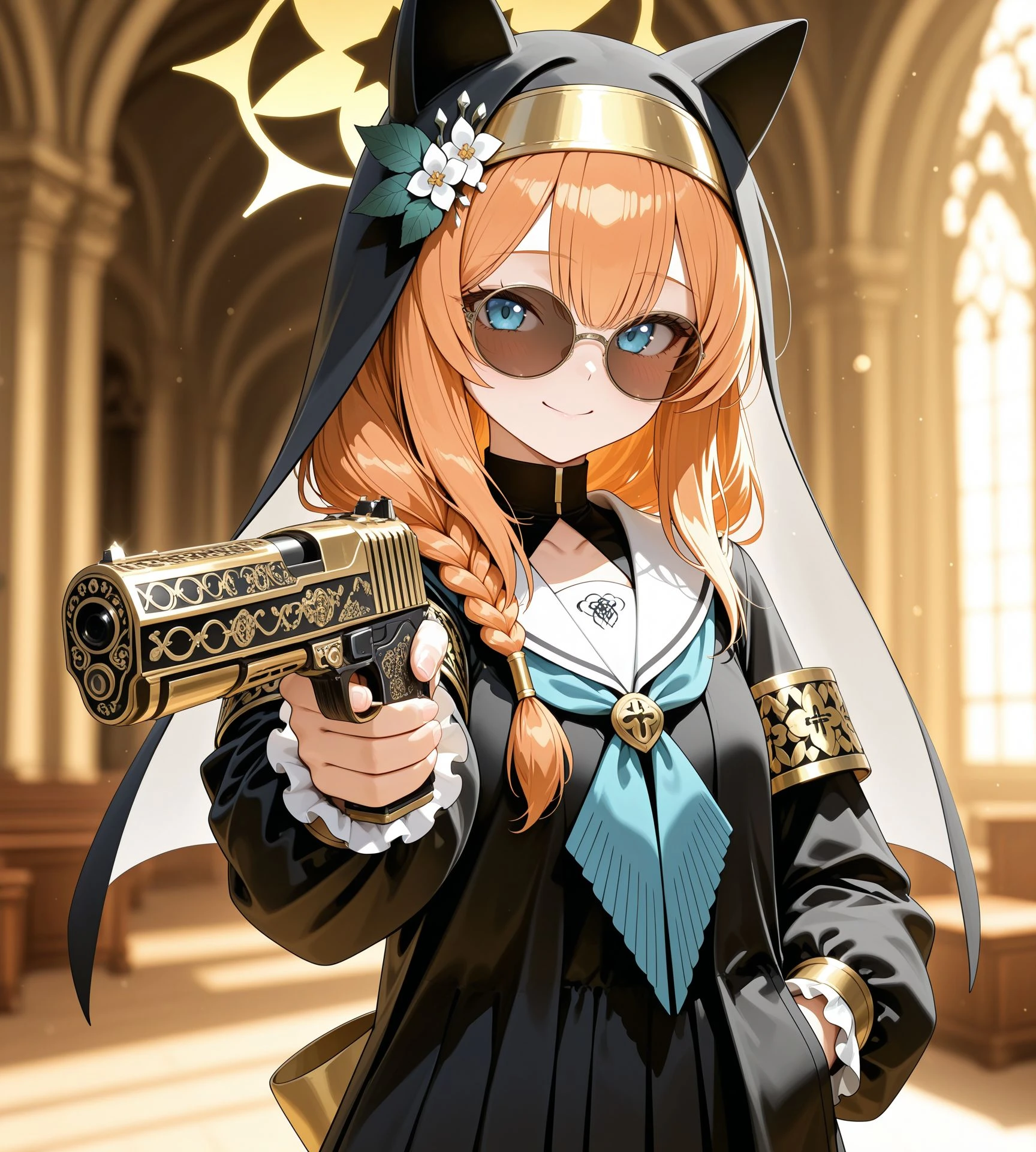 masterpiece, best quality, amazing quality, very aesthetic, high resolution, ultra-detailed, absurdres, newest, volumetric lighting,
mari \(blue archive\), blue archive, nun, habit, 1girl, solo, aiming, aiming at viewer,
engraved, engraving, smile, sway back, hand in pocket, sunglasses, round eyewear, smile,
covered eyes, gun close-up, upper body, gun muzzle,
holding weapon, holding gun, holding,
handgun, gold pistol, (desert eagle,:1.2) (finger on trigger,:1.2)
animal ear headwear, animal ears, armband, blue neckerchief, blurry, blurry background, bow, braid, collarbone, flower, frilled sleeves, frills, gun, habit, hair flower, hair ornament, halo, leaf hair ornament, light blush, long hair, long skirt, long sleeves, neckerchief, nun, orange hair, puffy long sleeves, puffy sleeves, sailor collar, single braid, socks, turtleneck, veil, weapon, white flower, white sailor collar, yellow bow, yellow halo,
simple background, church,
blurry background, (bokeh, depth of field,:0.7) volumetric lighting, <lora:engraved v2:1.2>
