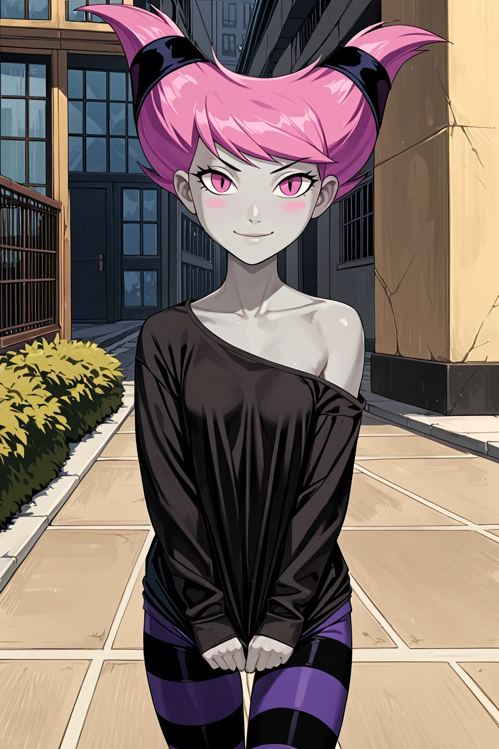PonyXLV6_Scores BREAK ((parody), perfect anatomy, perfect eyes, cowboy shot), <lora:add_details_xl:0.8> BREAK <lora:Jinx:0.8> aline haiden, colored skin, grey skin, short hair, pink hair, twintails, pink eyes, flirting, raised eyebrow, ((looking at viewer)), off shoulder, black shirt, striped leggings, small breasts, petite, curvy, toned, athletic, standing, sexually suggestive pose, arched back, city, outdoors