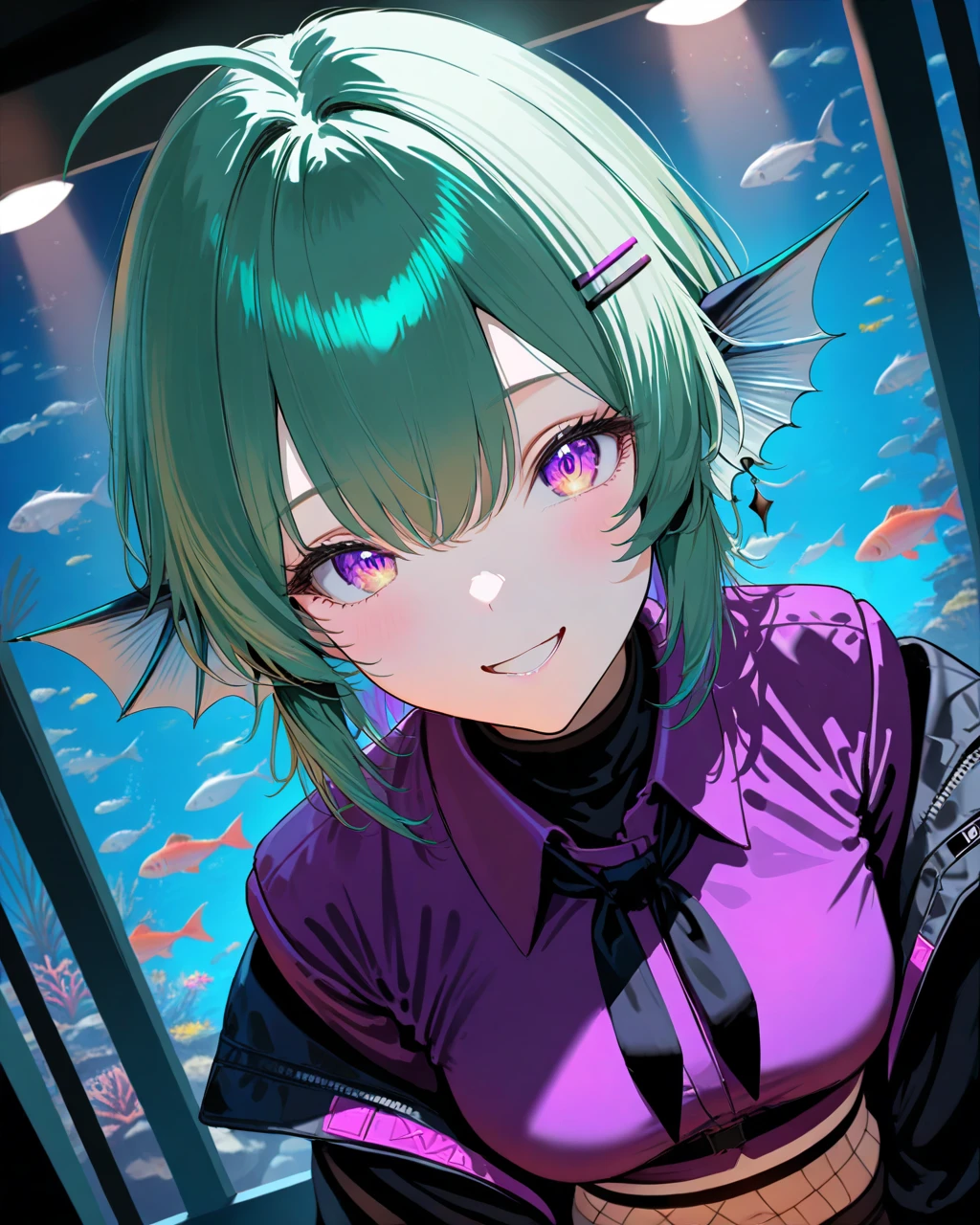 FinanaRyugu,
1girl, solo, dutch angle, close-up,
short hair,
hair clip,
green hair,
purple eyes, multicolored eyes,
head fins,
earrings,
multicolored hair, purple hair,
ahoge,
dating, smile, arms at sides,
black jacket,
purple shirt, long sleeves,
black undershirt, black neckerchief, croptop,
fishnets,
night, aquarium,
<lora:kp_FinanaRyuguAnimagineXL_v1_0_c:1.0>,
masterpiece, high score, great score, absurdres,
ultra-detailed, realistic, moody lighting, detailed eyes, depth of field, high contrast,