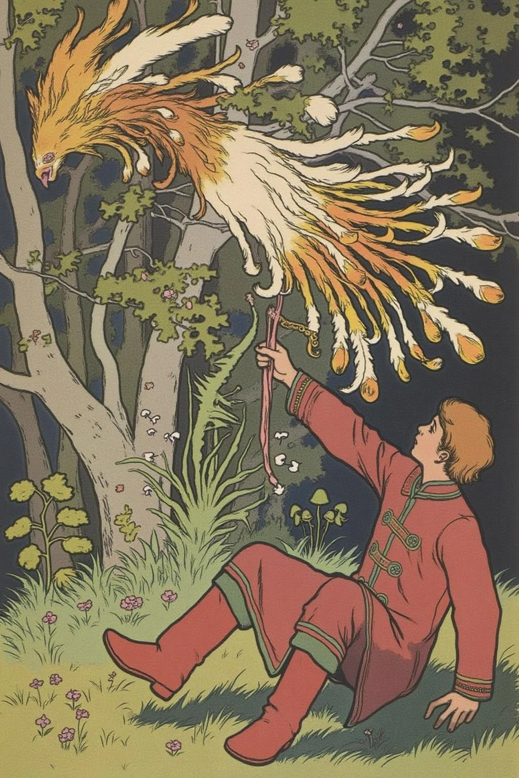 ivanbilibin1 illustration.
A young man sits on the grass on the right side, surrounded by green grass with small flowers. He is grabbing unto the tail feather of a mythical firebird that is trying to fly away.
<lora:ivanbilibin1_cap_d6a3:1.0><lora:835868655482039262:0>