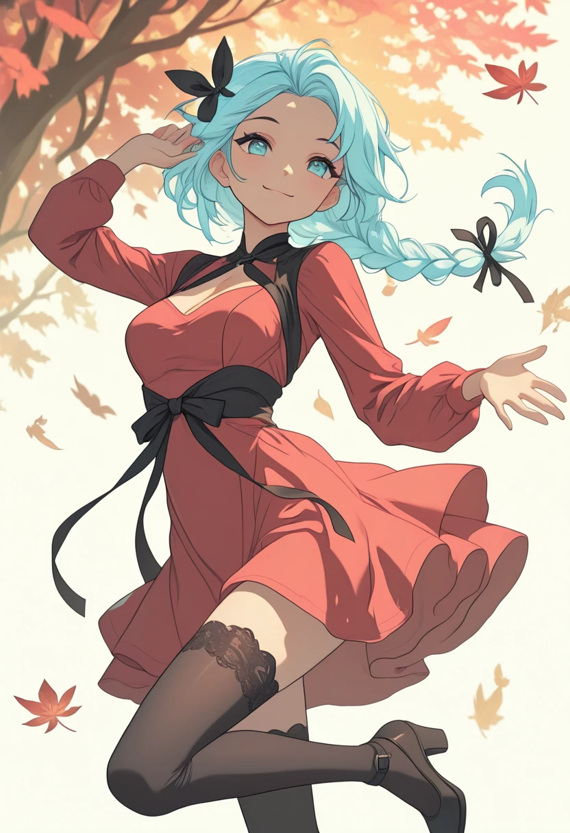 1girl, silky hair, single braid, stylish outfit, red dress, black ribbons, thighhighs, smile, dynamic pose, autumn leaves, elegant background