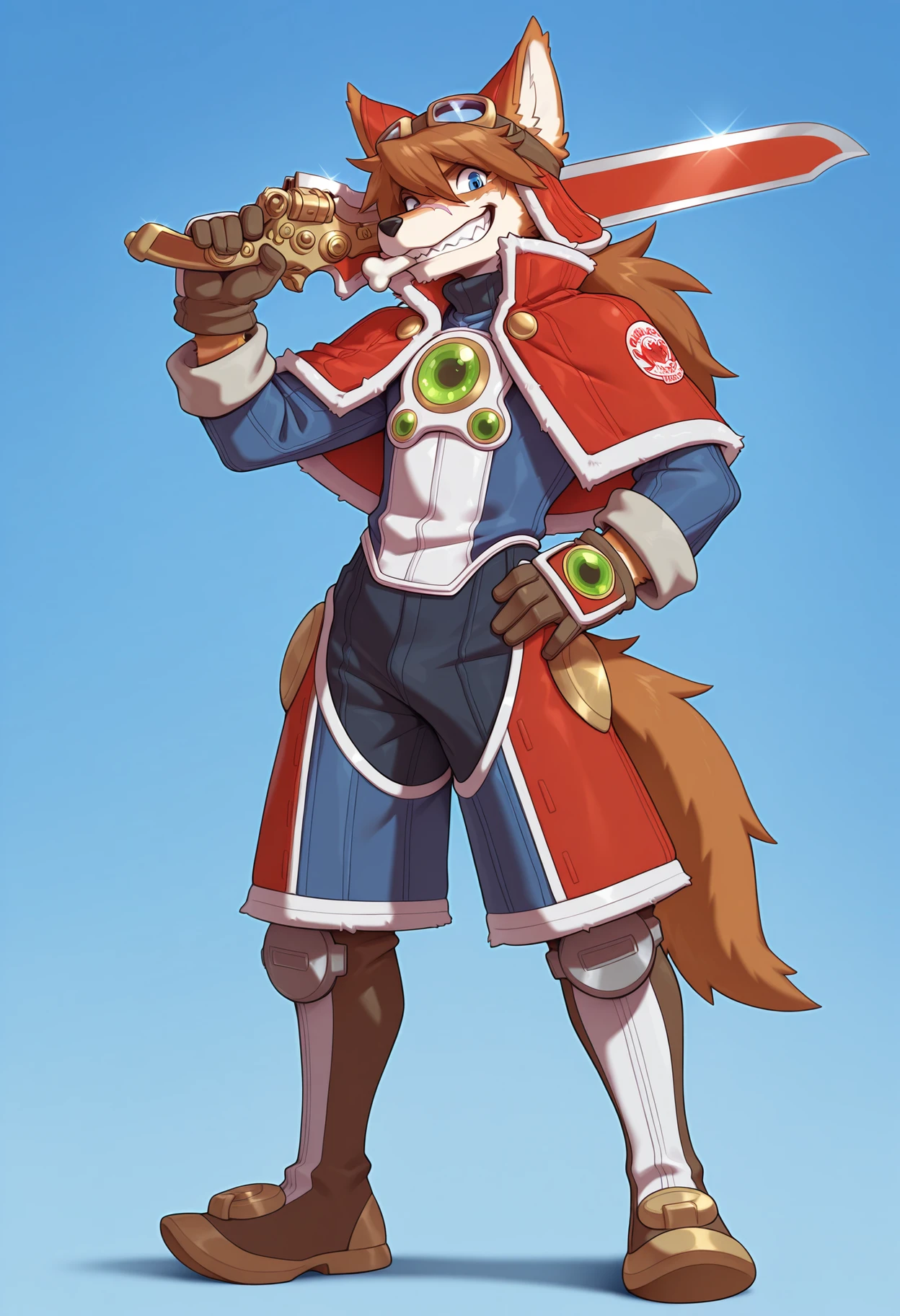 masterpiece,best quality,amazing quality, RedSav, 1boy, furry male, solo, three quarter view, two-tone fur, brown hair, dog ears, animal nose, detailed eyes, blue eyes, dog tail, scar on face, redattire, red headwear, goggles on headwear, capelet, very long sleeves, shoulder patch, green gemstone, boots, gloves, full body, bone in mouth, grin, teeth, standing, sword, gunblade, weapon over shoulder, hand on own hip, looking at viewer, blue background, gradient background