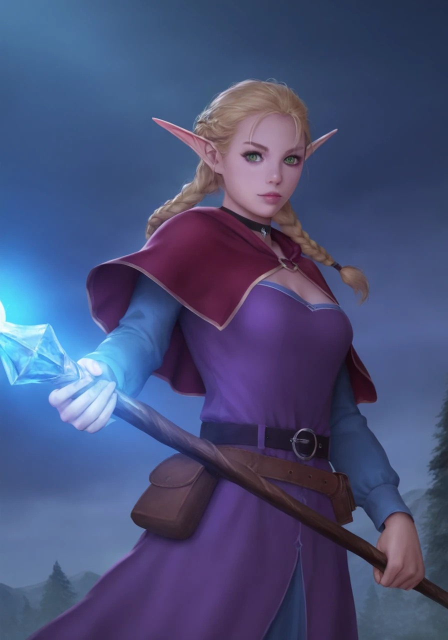 dynamic pose,dynamic angle,upper body focus, close-up, cinematic angle, looking at viewer BREAK 1girl,elf,blonde hair,long hair,braid,twin braids, pointy ears, green eyes, choker,capelet, dress,belt,pouch,staff,holding staff, cold colours,, score_9, score_8_up, score_7_up, <lora:Krisdecker_fix:1> Krysd3cker, detailed, volumetric light, perfect light, shadows, chiaroscuro lighting,