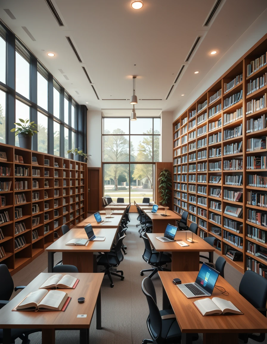 score_9, score_8_up, score_7_up,amazing quality, ultra realistic, 3D, HD, best quality, amazing quality, very aesthetic, absurdres
A high-resolution, ultra-realistic photograph of a modern college library interior. The scene showcases a spacious, open-plan design with large floor-to-ceiling windows allowing natural daylight to flood the space. The architectural style is contemporary, featuring minimalist furniture with clean lines: sleek wooden tables, ergonomic chairs in neutral tones (gray and beige), and built-in bookshelves made of light oak wood.
In the foreground, a group of diverse students (varied ethnicities and genders) are quietly studying, some using laptops, others reading books, with focused, calm expressions. One student is sipping coffee from a reusable cup.
The background displays rows of neatly organized books, indoor plants adding a touch of greenery, and modern pendant lights hanging from the ceiling, providing warm, ambient lighting. The floor is covered with soft gray carpet, and large abstract paintings decorate the walls, contributing to a cozy and intellectual atmosphere.
The overall mood is peaceful, studious, and inspiring, with balanced natural and artificial lighting, crisp details, and realistic textures, captured as if by a professional architectural photographer using a full-frame camera.
modern c0ll3g3 l1br4ry, <lora:modern_c0ll3g3_l1br4ry-p:1>