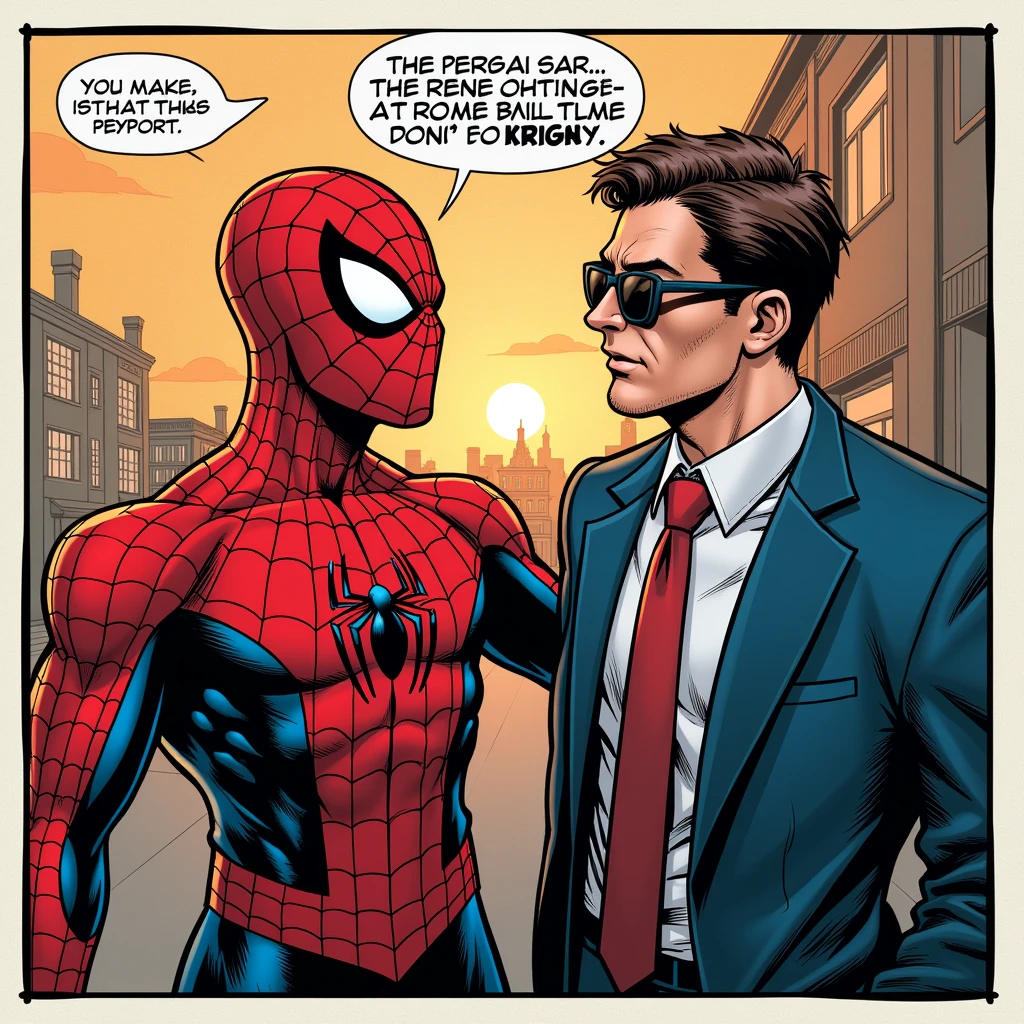comic book art of <lora:Cinematic Spider-Man original style v1.1:1>
Cartoon comic book style Cinematic Spider-Man style a comic page with a spider - man and a man in a suit, cinematic film style, perfect cinematic image, perfect body, perfect anatomy, sharp cinematic image, detailed cinematic image, Kodak cinematic film color style, high quality film photography style, motion picture film style, Spider-Man style, comic, necktie, english text, bodysuit, sunglasses, parody, formal, suit, animal print, superhero, silk, spider web, spider web print, western comics (style), spider-man, teeth, speech bubble, mask, animification, red bodysuit, blue bodysuit, two-tone bodysuit, crossover
, comic art, graphic novel illustration
