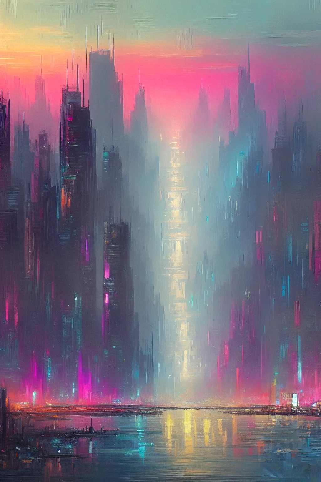 masterpiece, high quality, best quality, digital painting, impressionist style, bold brush strokes, silhouette, futuristic city, gigantic structures, futuristic skyscrapers, colorful neon lights, roads, small buildings, concrete shore, ocean, twilight