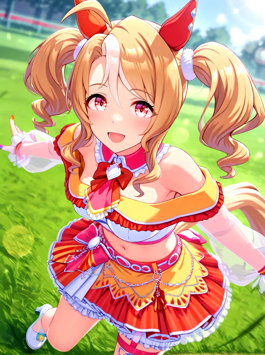 masterpiece, best quality, absurdres,ultra detailed,floating hair,
fusaichi_pandora\(umamusume\), 1girl, horse ears, horse tail, navel, multicolored skirt, midriff, looking at viewer, twintails, mismatched high heels, big smile, open mouth,see-through long sleeves, mismatched crop top, bare shoulders, two-tone ear covers, detached collar, neck ribbon, pink belt, multicolored nails, white hair bobbles,light bloomers under skirt
on grass,
blur, lens flare,dynamic pose, dynamic angle,cowboy shot,
<lora:ILL_fusaichi_pandora_ver1.0:0.85>