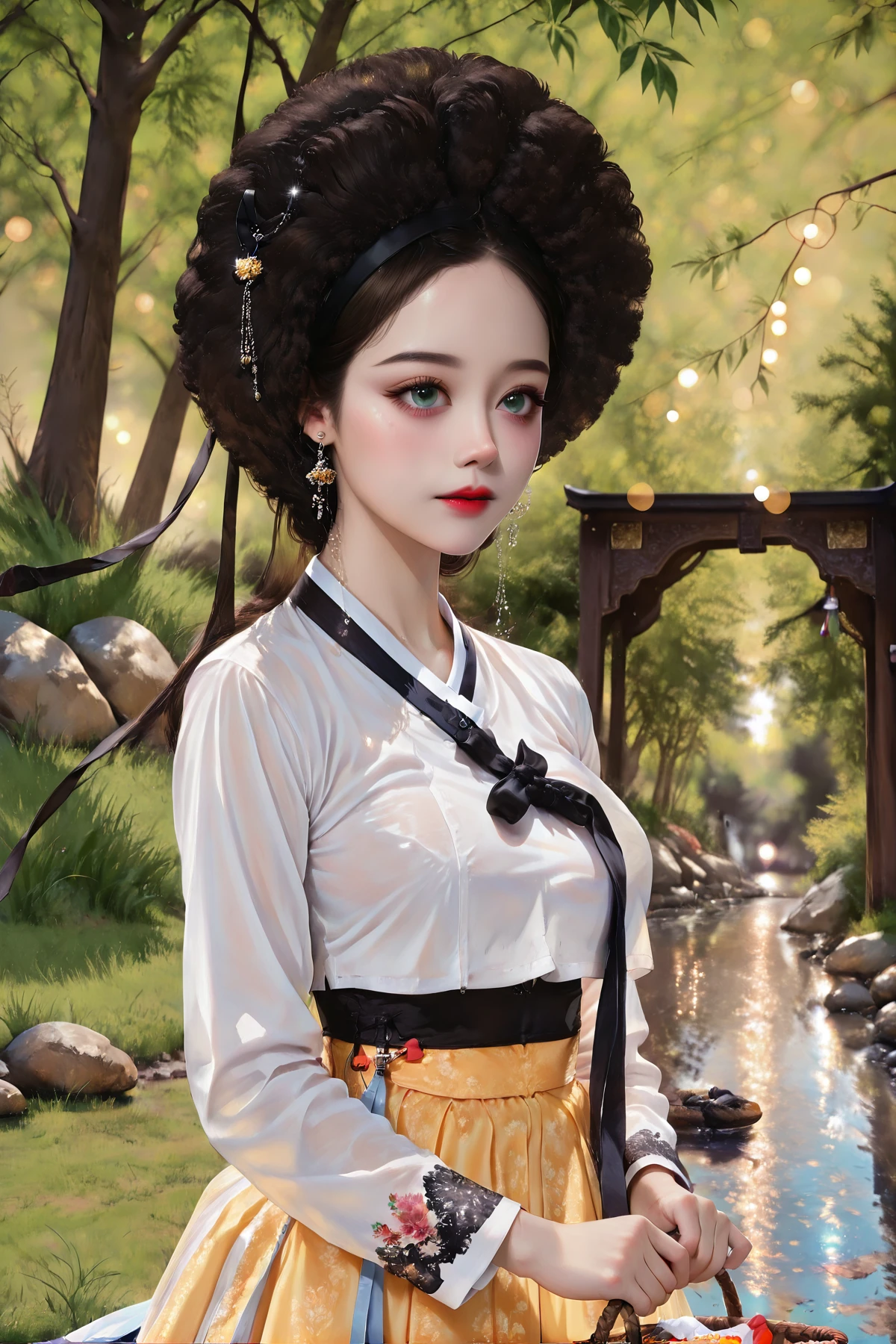DSLR, realistic, cosplay photo, (very awa,masterpiece,best quality,year 2024,newest,absurdres,highres:1), realistic, skin texture, facial features, photography shot with Canon EOS 5D Mark IV , realistic, RAW, best quality, masterpiece, amazing quality, skin details,
(masterpiece, best quality, amazing quality, vibrant, volumetric lighting, smooth, shiny, NSFW), realistic, brown hair, curly short hair, (large breasts), skinny, deep double eyelids, very long eyelashes, slim jawbone width, soft under-eye fat, cute under-eye area, (afro hair), (narrow waist:1.4), (perfect body ratio:1.3), pale skin,
basket, holding basket, solo, long hair, earrings, holding, korean hanbok, traditional korean clothes, long sleeves, grass, dress, blonde hair, outdoors, water, rock, hanbok, blurry, aqua eyes, wavy hair, bokeh, river, looking to the side, closed mouth, sparkling lights, floting blurry, (bokeh:1.3), photorealistic, korean gache hair, <lora:Traditional_Korean_Gache_Hair-Illustrious:0.7>, traditional korean gache hair, small head,
8k resolution, amazing highres, intricate details, highly detailed, <lora:AG1-0:1.0>, <lora:SoftVibrance:0.8>, in the style of Jeda,vibrant colors,