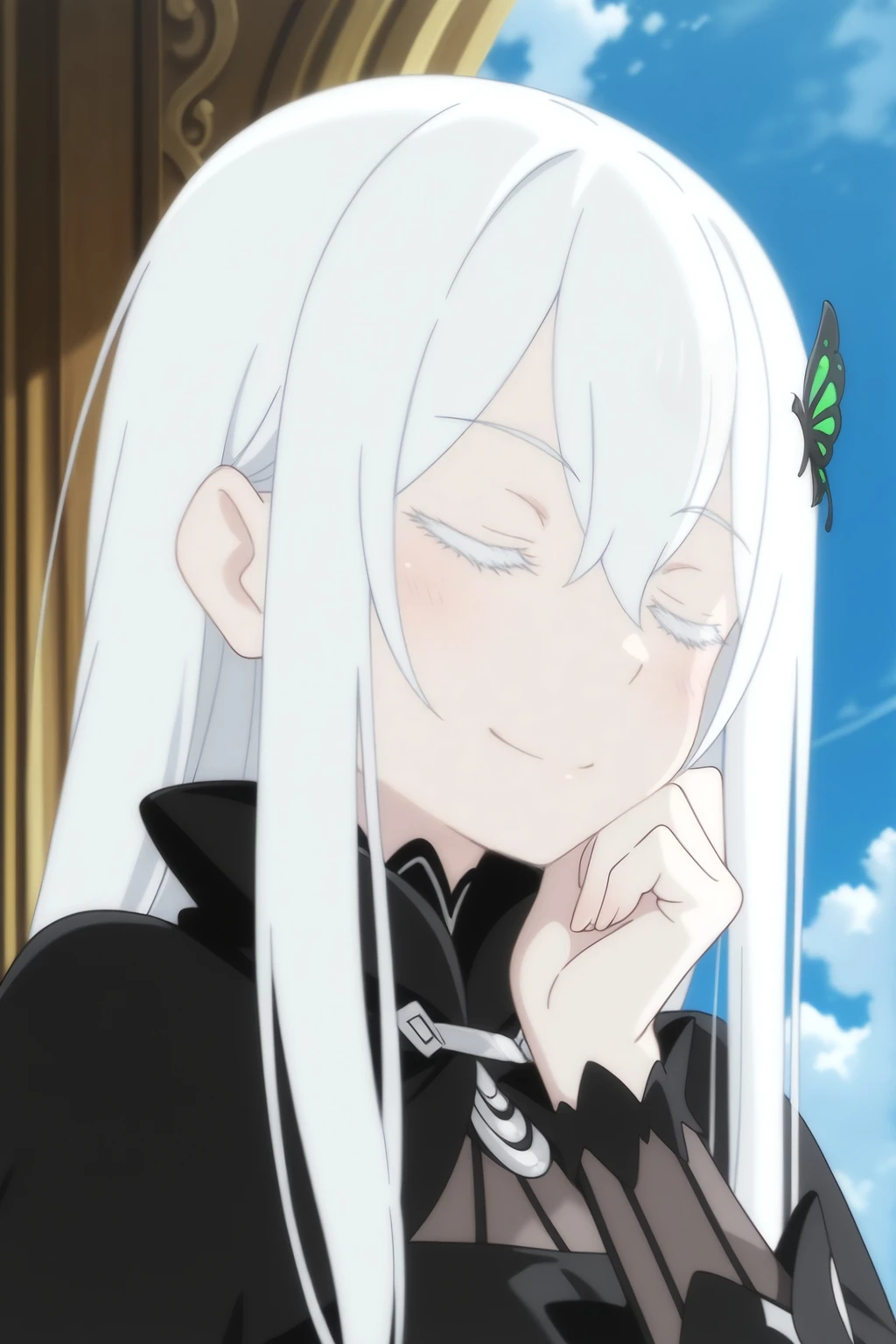 <lora:Echidna:0.8> Echidna (re:zero), white hair, closed eyes, thinking pose, hand on chin, contemplative expression, black dress, green butterfly hair ornament, pale skin, light blush, peaceful expression, gentle smile, black gothic dress, ornate collar, silver trim, blue sky background, white clouds, daylight, serene atmosphere, thoughtful pose, aristocratic features, witch of greed, high collar dress, long straight hair, elegant pose, reflective mood, soft lighting, side lean pose, detailed face, calm demeanor
