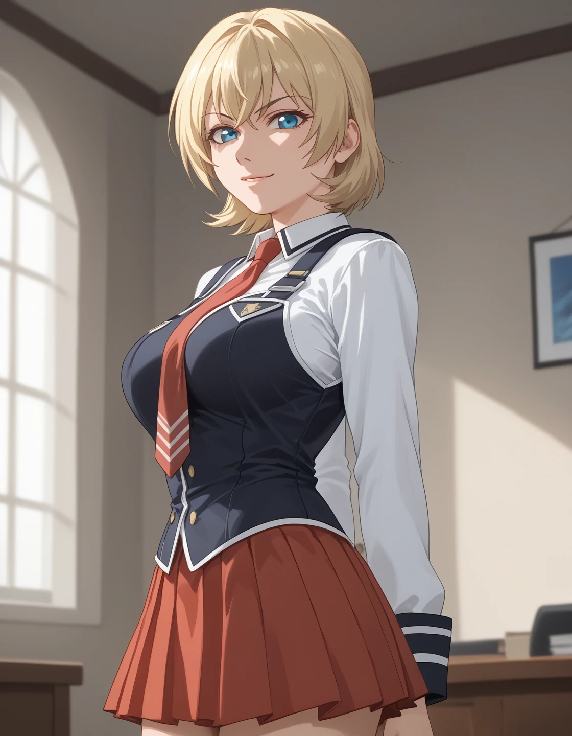 score_9, score_8_up, score_7_up BREAK 1girl, solo, jody crowley, blonde hair, short hair, blue eyes, light smile, large breasts, BB_Uniform, school uniform, black vest, white shirt, long sleeves, sleeve cuffs, red necktie, pleated skirt, red skirt, looking at viewer, hands behind back, cowboy shot, depth of field, indoors, school, light theme <lora:jody_crowley_pdxl_v1:0.7>
