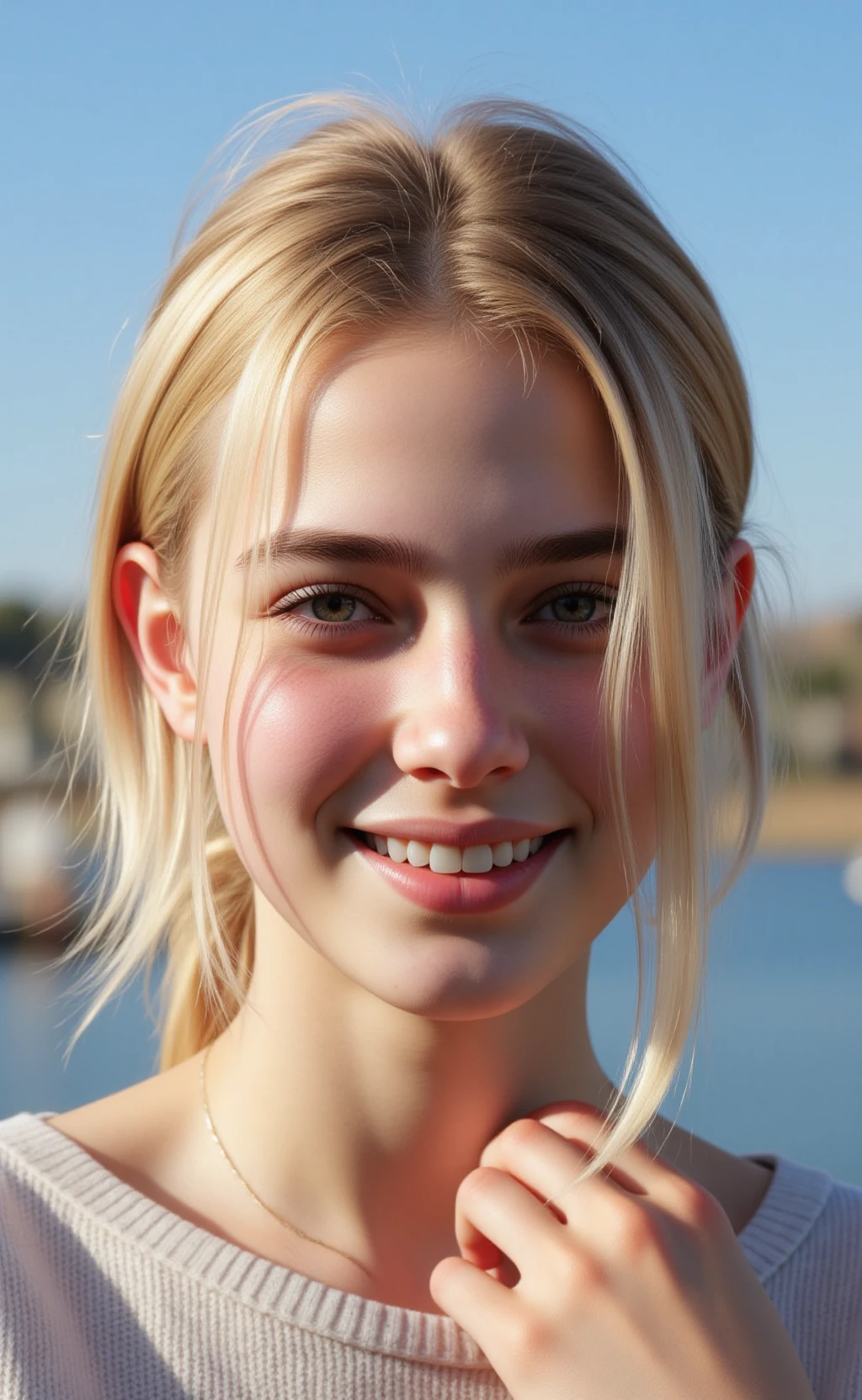 Natural sunny lightning, Soft shadows. close-up portrait, shallow depth of field. An 18 year old woman, strawberry blonde tousled hair, some strands framing her face. She is happy. White knitted sweater. Outdoors, blue skies.