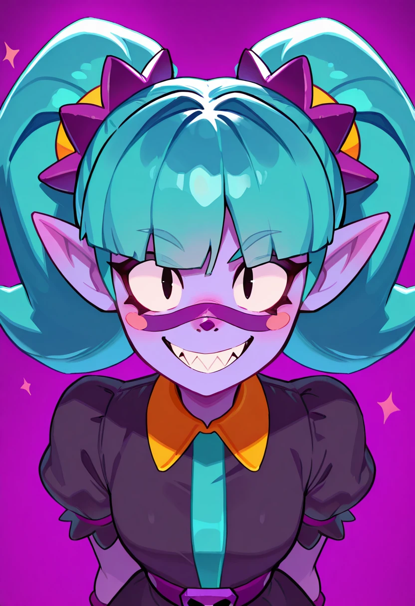 masterpiece, best quality, very aesthetic, absurdres, brawl_stars, 1girl, solo, Emz_harajuku(purple skin, aqua hair, twintails, bangs, (purple band on nose:1.4) ,nose covered, ponty ears, elf ear, black dress, sharp teeth), smiling <lora:Smooth_Booster:0.25>, <lora:Emz_harajuku:0.8>, <lora:HerrscherAGGA2025_COLIG_ST-IL_V2:1>