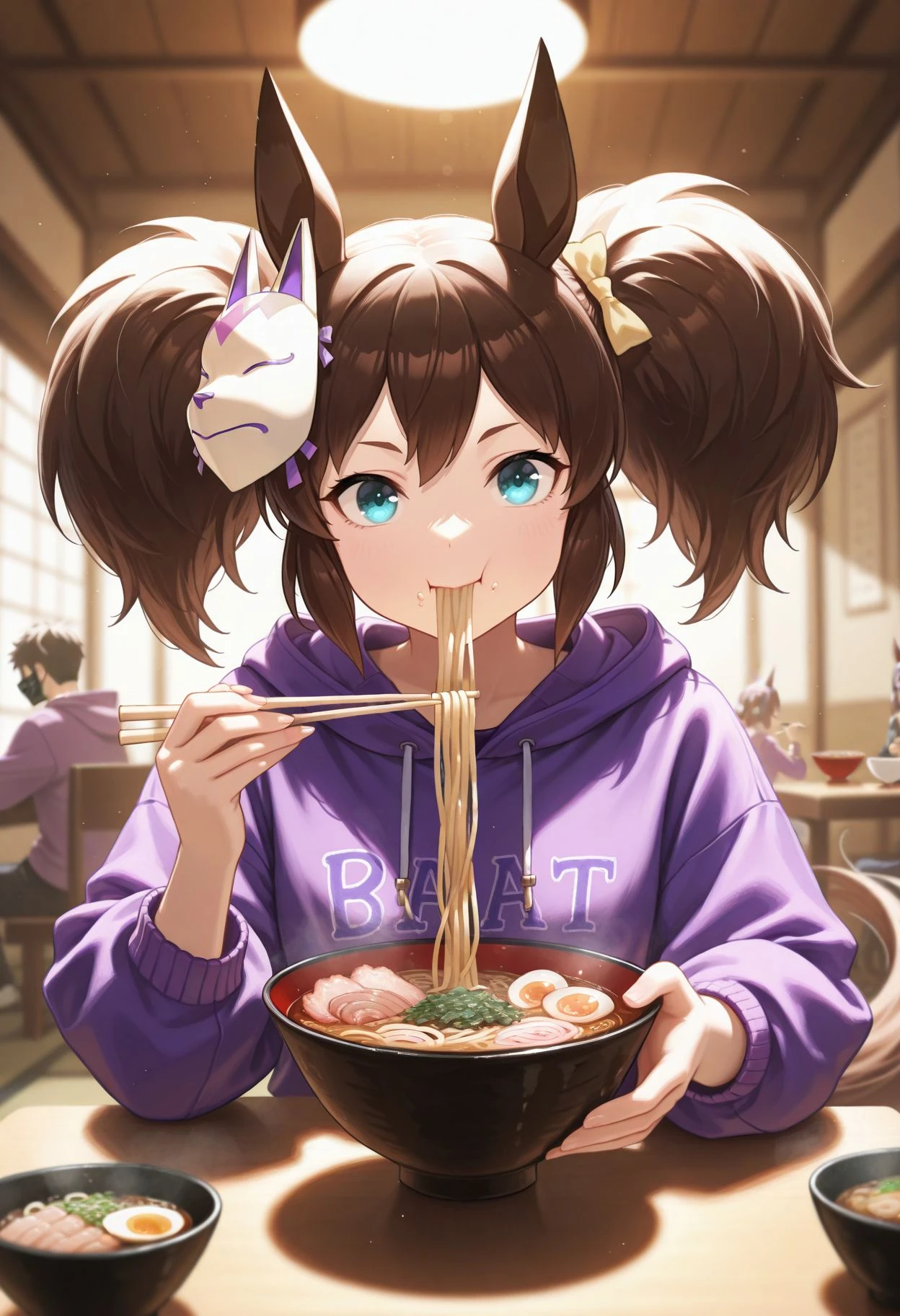 masterpiece,best quality,absurdres,highres,very aesthetic,high quality,detailed,insanely detailed,beautiful,perfect lighting, ,depth of field,blurry background,bokeh,
<lora:Inari One illu:1>Inari One, holding chopsticks, 1girl, food on face, animal ears, twintails, hood down, brown hair, eating, noodles, mask on head, purple hoodie, blue eyes, horse girl, solo focus, holding bowl, looking at viewer, long sleeves, indoors, ramen, fox mask, sitting, horse tail, bow, shirt