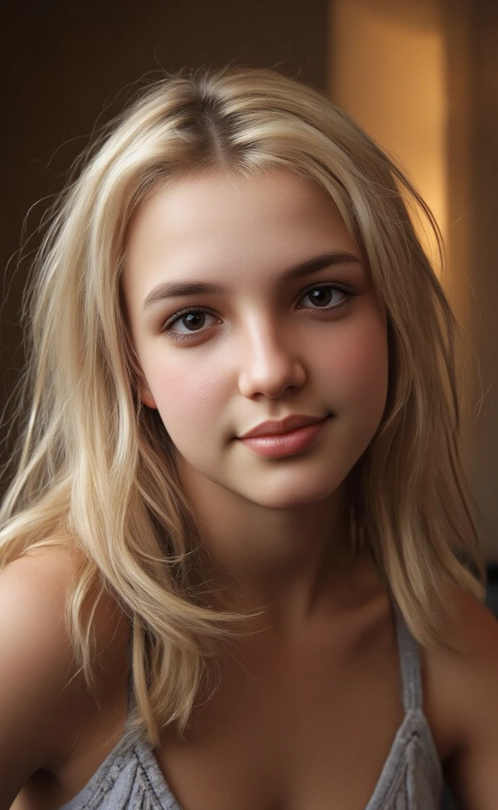 Studio lightning, lit by a softbox front left, backlit by a warm, golden light. Soft shadows. close-up portrait, shallow depth of field. Brittney, 18 years old, long blonde wavy hair, kind and loving facial expression. Detailed skin texture with pores and blemishes. Head tilt. Bedroom.