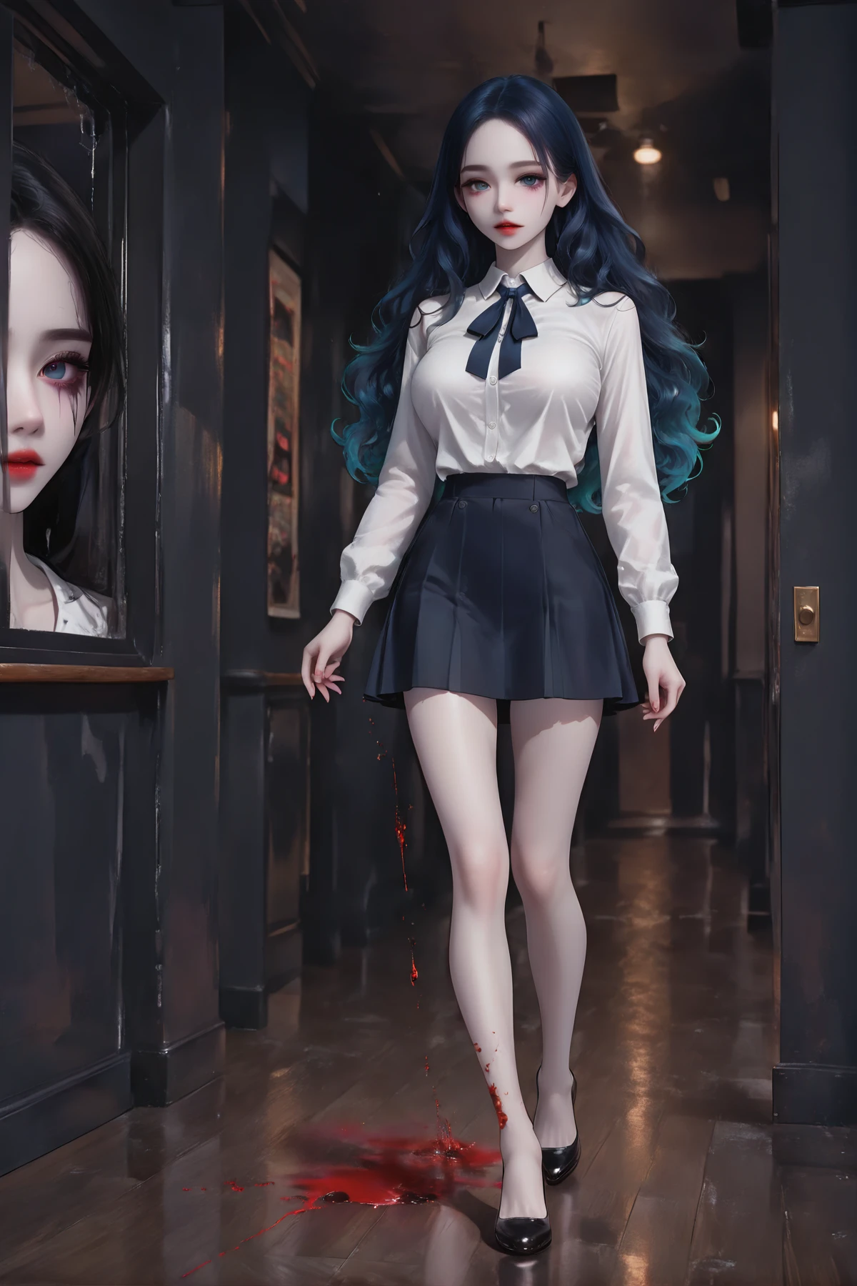 masterpiece, best quality, amazing quality, very aesthetic, high resolution, ultra-detailed, absurdres, solo, DSLR,
(RAW photo, realistic, photorealistic), beauty girl, skinny body, (large breasts:1.3), beautiful blue eyes, cute girl, solo, slender model, (pale skin:1.2), (blue hair:1.5), curly hair, beauty face, full body,
looking at viewer, walking dark hall, collared shirt, shirt, long sleeves, brocken window, dim lighting, dark_theme, seifuku miniskirt, horror movie, black background, (midnight:1.3), horror \(theme\), ghost house, dark hall, shadow fullfilled, ((blood on photo)),
newest, highres, safe, year 2024, highly detailed, masterpiece, best quality, very aesthetic, absurdres, (very vibrant colors:1.2), (vivid colors:1.2), highly dynamic colors, bright, chromatic aberration, film grain, anaglyph, cel shading, photography, scenery, still life, aidmarealisticskin, aidmafluxpro1.1, legendary quality,
8k ultra resolution, highly detailed, intricate details, deep double eyelids, very long eyelashes, slim jawbone width, soft under-eye fat, cute under-eye area, <lora:AG1-0:1.0>, <lora:SoftVibrance:0.8>, in the style of Jeda,vibrant colors,