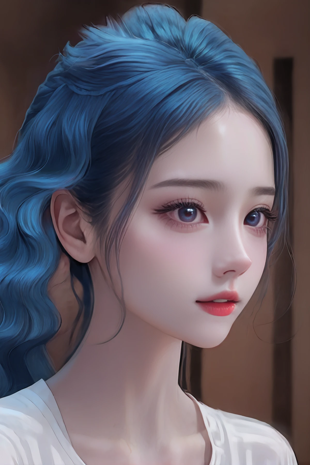 masterpiece, best quality, amazing quality, very aesthetic, high resolution, ultra-detailed, absurdres, solo, DSLR,
(RAW photo, realistic, photorealistic), beauty girl, skinny body, (large breasts:1.3), beautiful blue eyes, cute girl, solo, slender model, (pale skin:1.2), (blue hair:1.5), curly hair, beauty face, portrait,
8k ultra resolution, highly detailed, intricate details, deep double eyelids, very long eyelashes, slim jawbone width, soft under-eye fat, cute under-eye area, <lora:AG1-0:1.0>,
