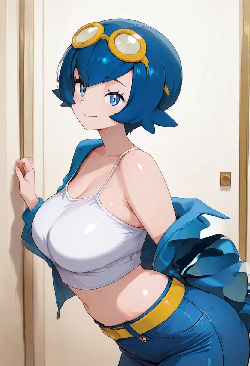 (masterpiece, best quality:1.2), 1girl, solo, tied-up hair, blue hair, aquamarine eyes, large breasts, jewelry, swept bangs, seashell, Maiden of Aqua, bikini, spread legs