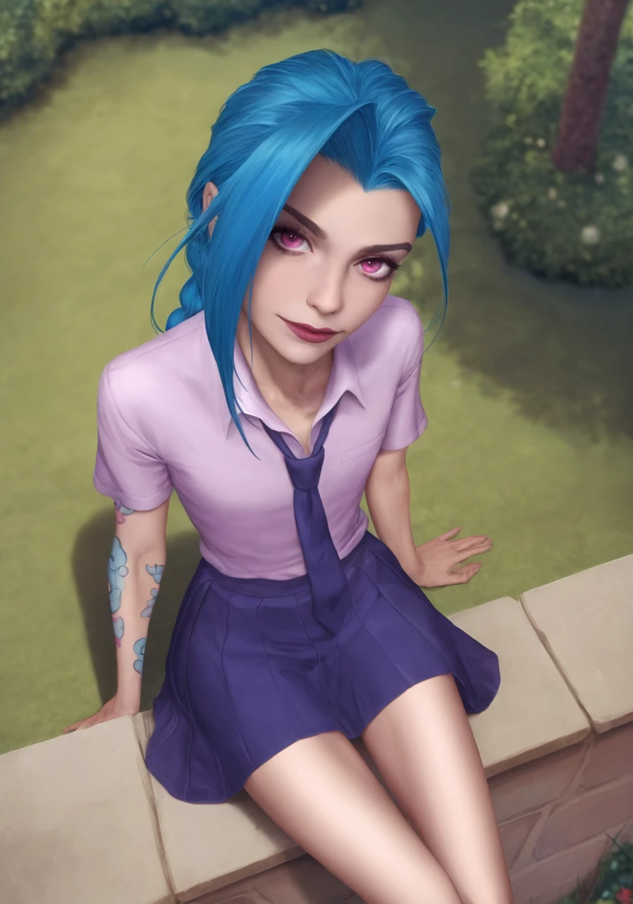1girl, jinx, solo, skirt, blue hair, skinny, flat chest, school uniform, skirt, sitting, looking at viewer, garden background. from above, blurry background, score_9, score_8_up, score_7_up, <lora:Krisdecker_fix:1> Krysd3cker, detailed, volumetric light, perfect light, shadows, chiaroscuro lighting,