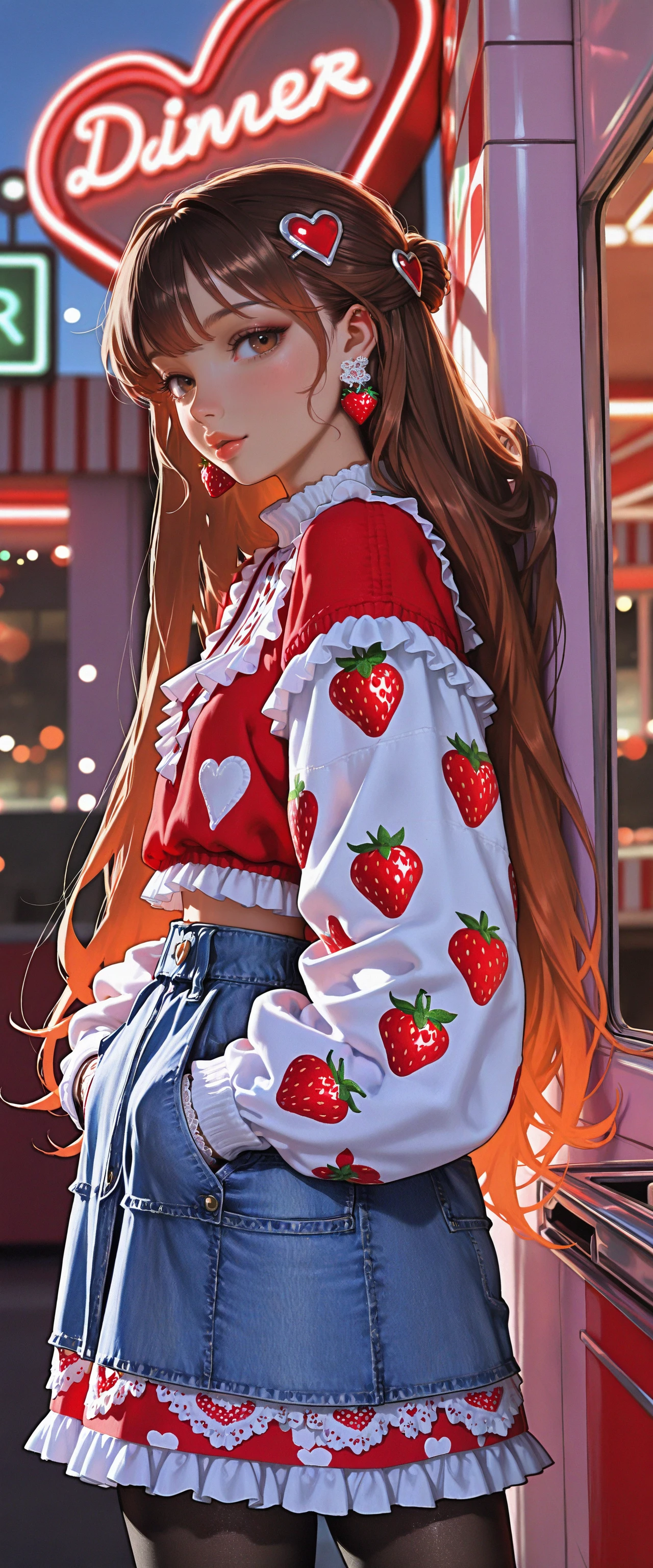 (absurdres, high_quality, newest, incredibly_absurdres, very aesthetic, underlighting, painterly, film_grain, blurry_background, bokeh, grainy_texture, glowing, vibrant, seductive, curvy, very_long_hair, iridescent_hair, magic, cowboy_shot)
(1girl, simple background, sleeves past wrists, brown eyes, sweater, strawberry_print, very_long_hair jewelry, heart hair ornament, white shirt, outdoors, contrapposto, leaning_against_wall, diner, pantyhose, earrings, solo, red shirt, lips, lace, frills, food-themed earrings, heart, hair ornament, hands in pockets, half_updo, crop top, brown hair, ring, denim_skirt, looking back, sky)