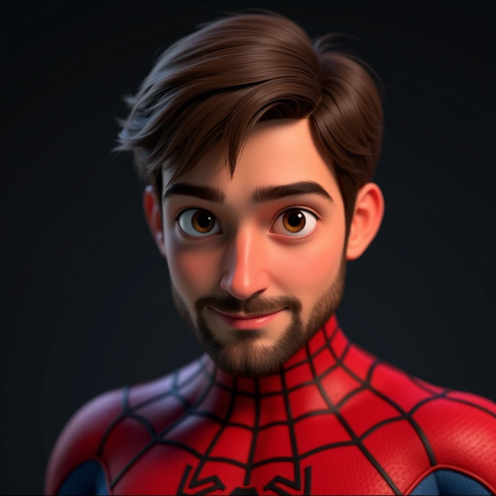 UHD, 4k, ultra detailed, cinematic, a photograph of <lora:Cinematic Spider-Man original style v1.1:1>
3D Pixar style cartoon Cinematic Spider-Man style a close up of Peter Parker a person wearing a spider - man suit, cinematic film style, perfect cinematic image, perfect body, perfect anatomy, sharp cinematic image, detailed cinematic image, Kodak cinematic film color style, high quality film photography style, motion picture film style, Spider-Man style, solo, smile, short hair, simple background, brown hair, closed mouth, brown eyes, artist name, cosplay, bodysuit, facial hair, portrait, superhero, red bodysuit, spider web print, two-tone bodysuit, spider-man, grey background, thick eyebrows, stubble, black background, epic, beautiful lighting, inpsiring