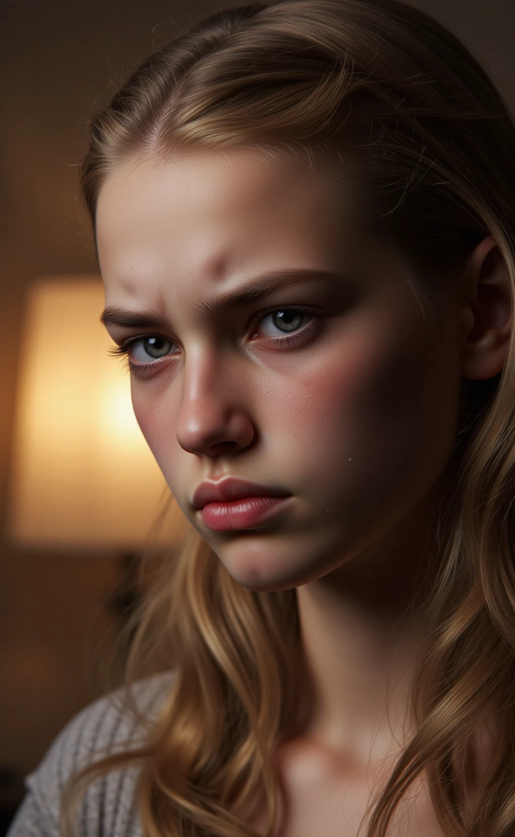 Studio lightning, lit by a softbox front left, backlit by a warm, golden light. Soft shadows. close-up portrait, shallow depth of field. An 18 year old woman, long blonde wavy hair. She has an angry facial expression. Detailed skin texture with pores and blemishes. Bedroom.