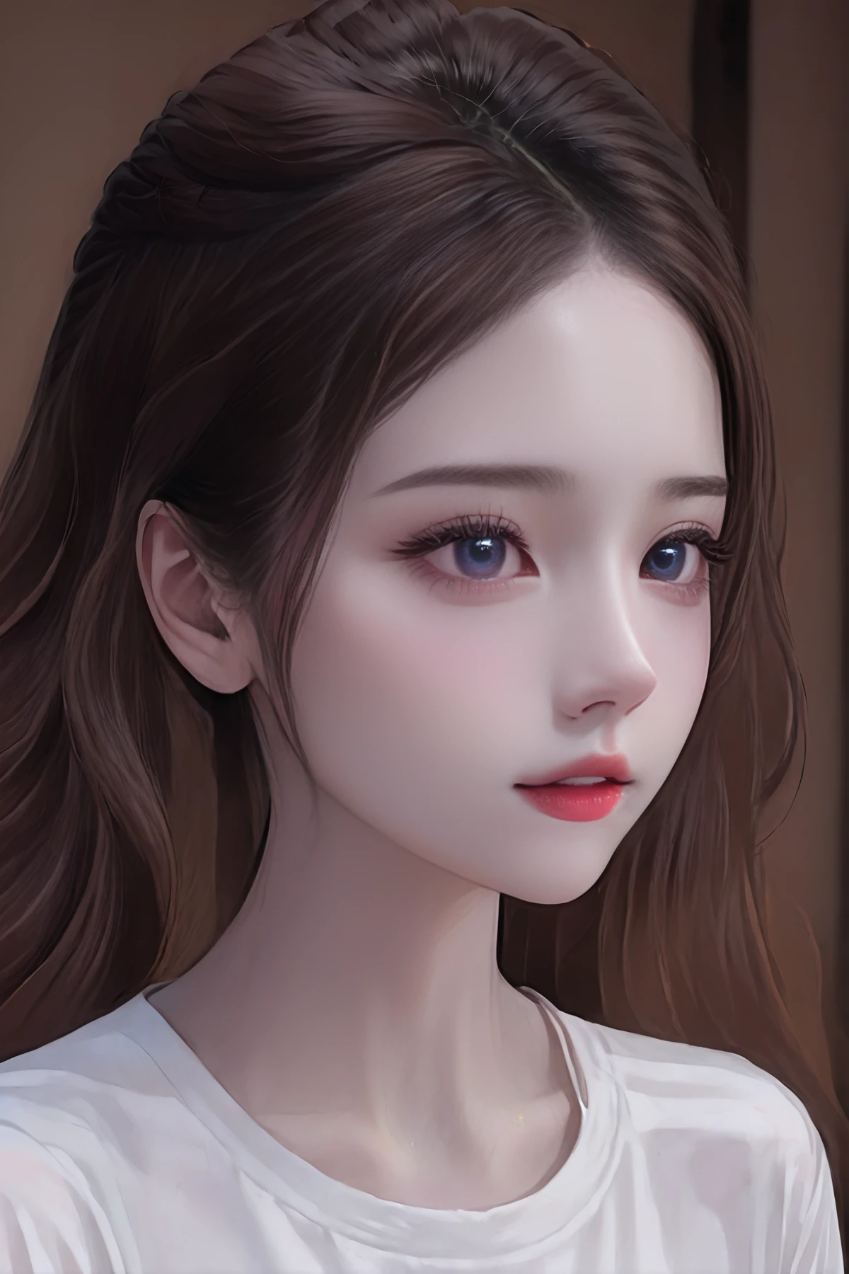 masterpiece, best quality, amazing quality, very aesthetic, high resolution, ultra-detailed, absurdres, solo, DSLR,
(RAW photo, realistic, photorealistic), beauty girl, skinny body, (large breasts:1.3), beautiful blue eyes, cute girl, solo, slender model, (pale skin:1.2), (brown hair:1.5), curly hair, beauty face, portrait, white shirt,
8k ultra resolution, highly detailed, intricate details, deep double eyelids, very long eyelashes, slim jawbone width, soft under-eye fat, cute under-eye area, <lora:AG1-0:1.0>,