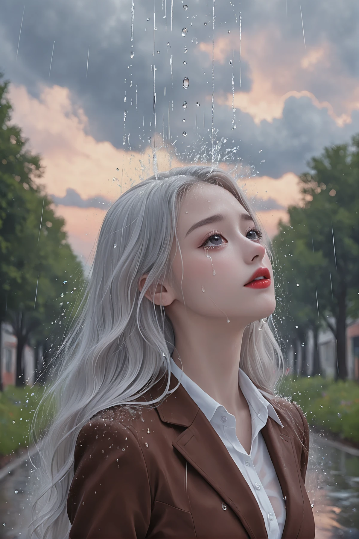 masterpiece, best quality, amazing quality, very aesthetic, high resolution, ultra-detailed, absurdres, solo,
(RAW photo, realistic, photorealistic), beauty girl, korean girl, skinny girl, huge breasts, narrow waist, beautiful aqaua eyes, face focus, (tears up:1.2), huge breasts, head up, (head back), sad, crying, chest focus, (SFW:1.2),
light grey hair, long hair, (medium shot), looking up, heavy rain, rain drop, blurry background, blurry school, dark cloud, cloudy sky, rain fall face, raindrops falling face, raindrop splashes with droplets scattering in different directions, ripple, white seifuku, brown blazers, brown jacket,
newest, highres, safe, year 2024, highly detailed, masterpiece, best quality, very aesthetic, absurdres, (very vibrant colors:1.2), (vivid colors:1.2), highly dynamic colors, bright, chromatic aberration, film grain, anaglyph, paper sky, cel shading, photography, scenery, still life, jewelry, aquamarine, nature
8k resolution, amazing highres, intricate details, highly detailed, <lora:AG1-0:1.0>, <lora:SoftVibrance:0.8>, in the style of Jeda,vibrant colors,