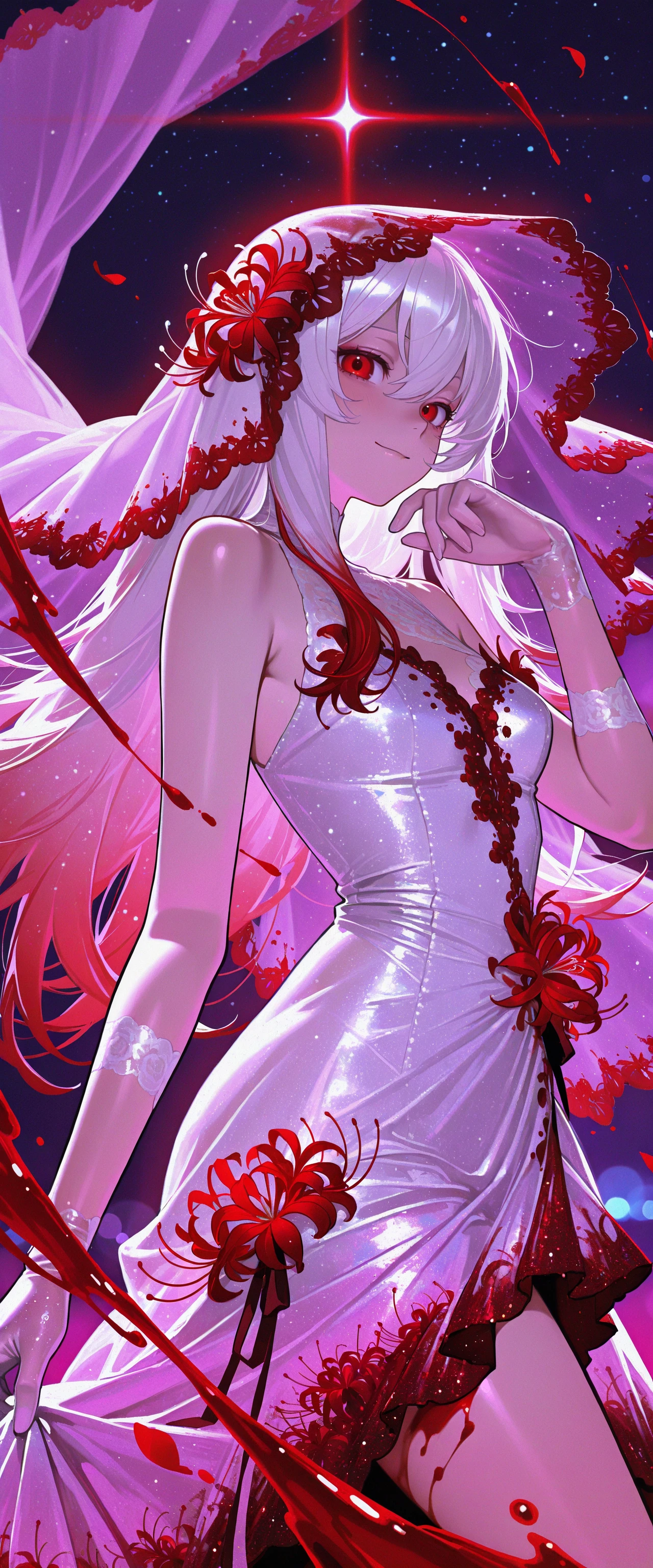 absurdres, high_quality, newest, incredibly_absurdres, very aesthetic, underlighting, painterly, film_grain, blurry_background, bokeh, grainy_texture, glowing, vibrant, seductive, curvy, very_long_hair, iridescent_hair magic, glitter_dress wedding_dress bloody sequins, cowboy_shot blood (falling_petals 1girl albino bare_shoulders blood blood_on_face blood_stain bridal_veil yandere closed_mouth dress flower gloves hair_between_eyes yandere_trance holding_skull looking_to_the_side lotus moonlight night night_sky pale_skin petals red_eyes red_flower skull sky sleeveless sleeveless_dress dark_aura magic magic_user splashing blood_splatter swirls smile solo spider_lily veil wedding_dress white_dress white_flower white_gloves white_hair white_spider_lily milkyway starry_sky outdoors moonbeam glint lens_flare, abstract, surreal)