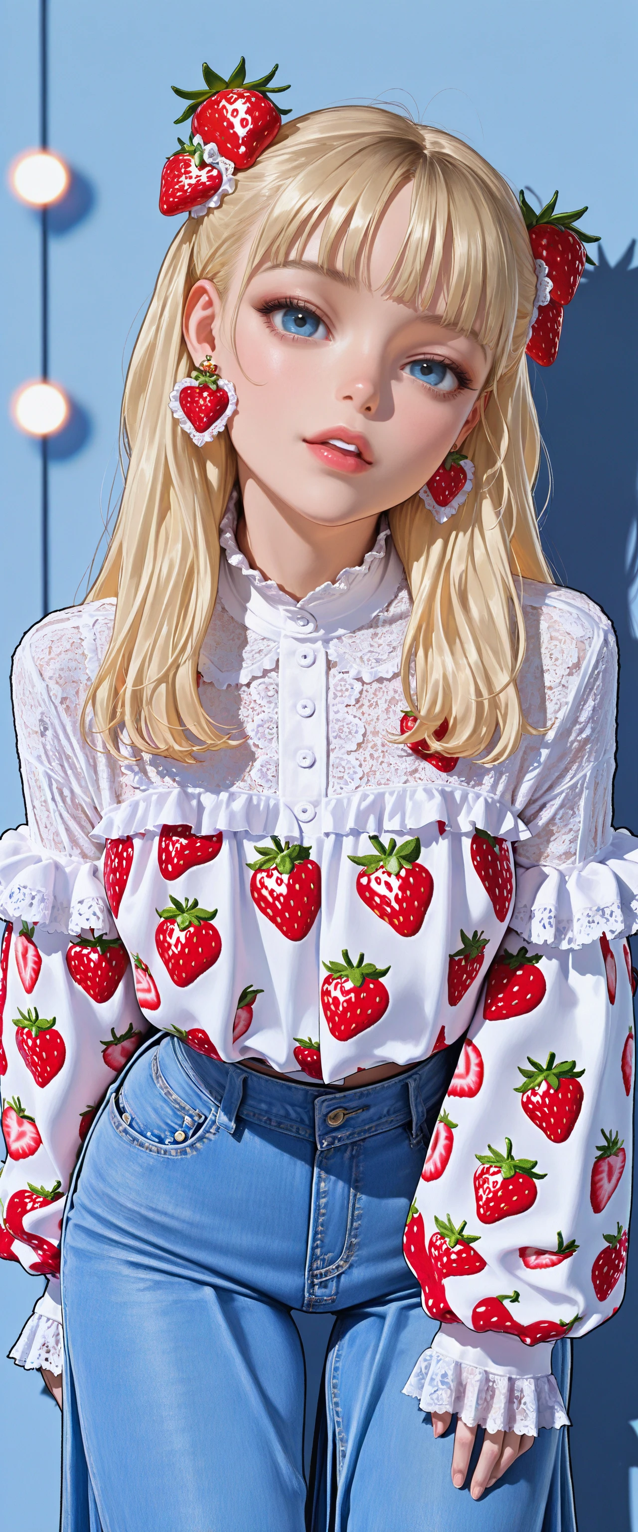 (absurdres, high_quality, newest, incredibly_absurdres, very aesthetic, underlighting, film_grain, blurry_background, bokeh, grainy_texture, glowing, vibrant, seductive, curvy, lens_flared, cowboy_shot)
(sleeves past wrists, food-themed_earrings, leaning_forward, detailed_background, frills, lace, denim, food_print, strawberry_print, jewelry, hair ornament, 1girl, solo, long_hair, looking_at_viewer, bangs, blue_eyes, blonde_hair, shirt, long_sleeves, original, jewelry, pose, cowboy_shot, earrings, food, parted_lips, pleated_skirt, j-fashion, lips, head_tilt, makeup, fruit, shadow, blue_background, lipstick, denim, thick_eyebrows, lace, lace_trim, jeans, strawberry, arms_at_sides, blue_pants, real_life, food_print)