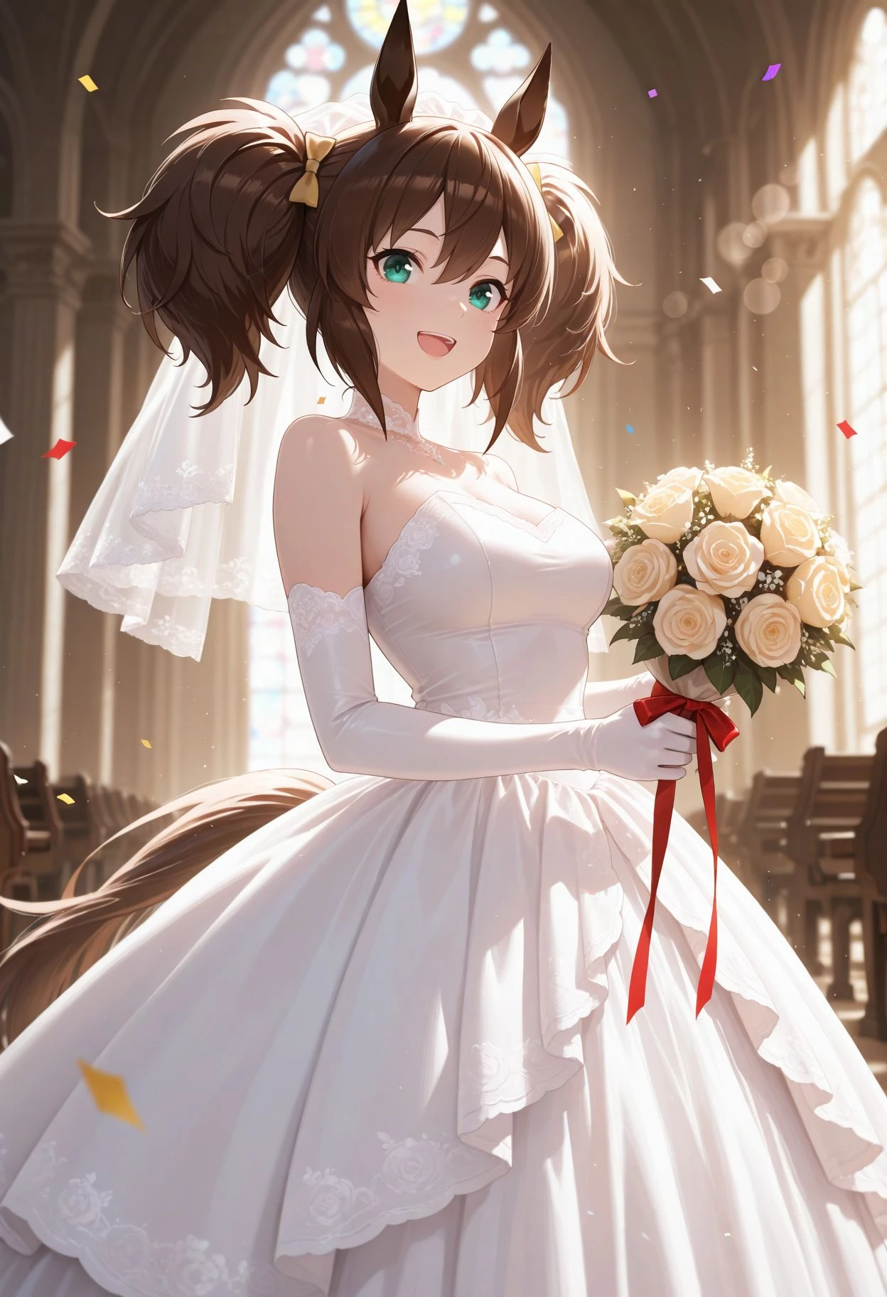 masterpiece,best quality,absurdres,highres,very aesthetic,high quality,detailed,insanely detailed,beautiful,perfect lighting, ,depth of field,blurry background,bokeh,
<lora:Inari One illu:1>, horse ears, horse tail, brown hair, bangs, hair between eyes, green eyes, twintails
wedding dress, veil, church, holding bouquet, (confetti:1.1), smile, open mouth, white dress, wedding dress), indoors,