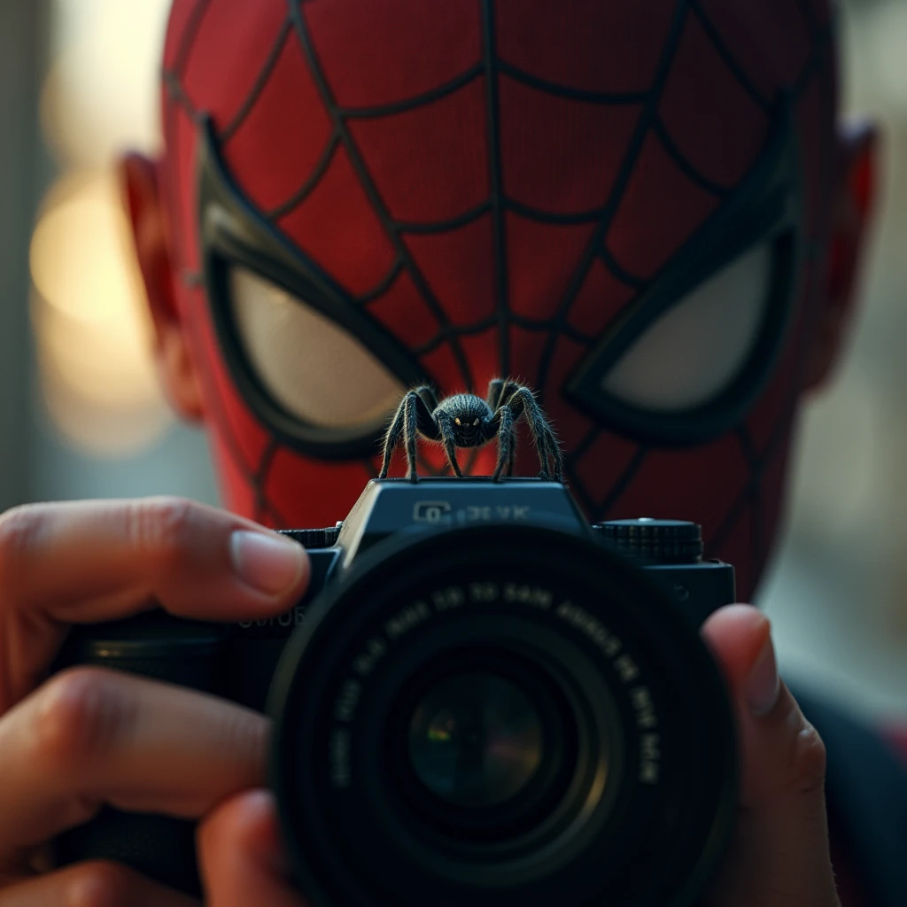 UHD, 4k, ultra detailed, cinematic, a photograph of <lora:Cinematic Spider-Man original style v1.1:1>
Cinematic Peter Parker style a person holding a camera with a very small spider crawling on top, , epic, beautiful lighting, inpsiring