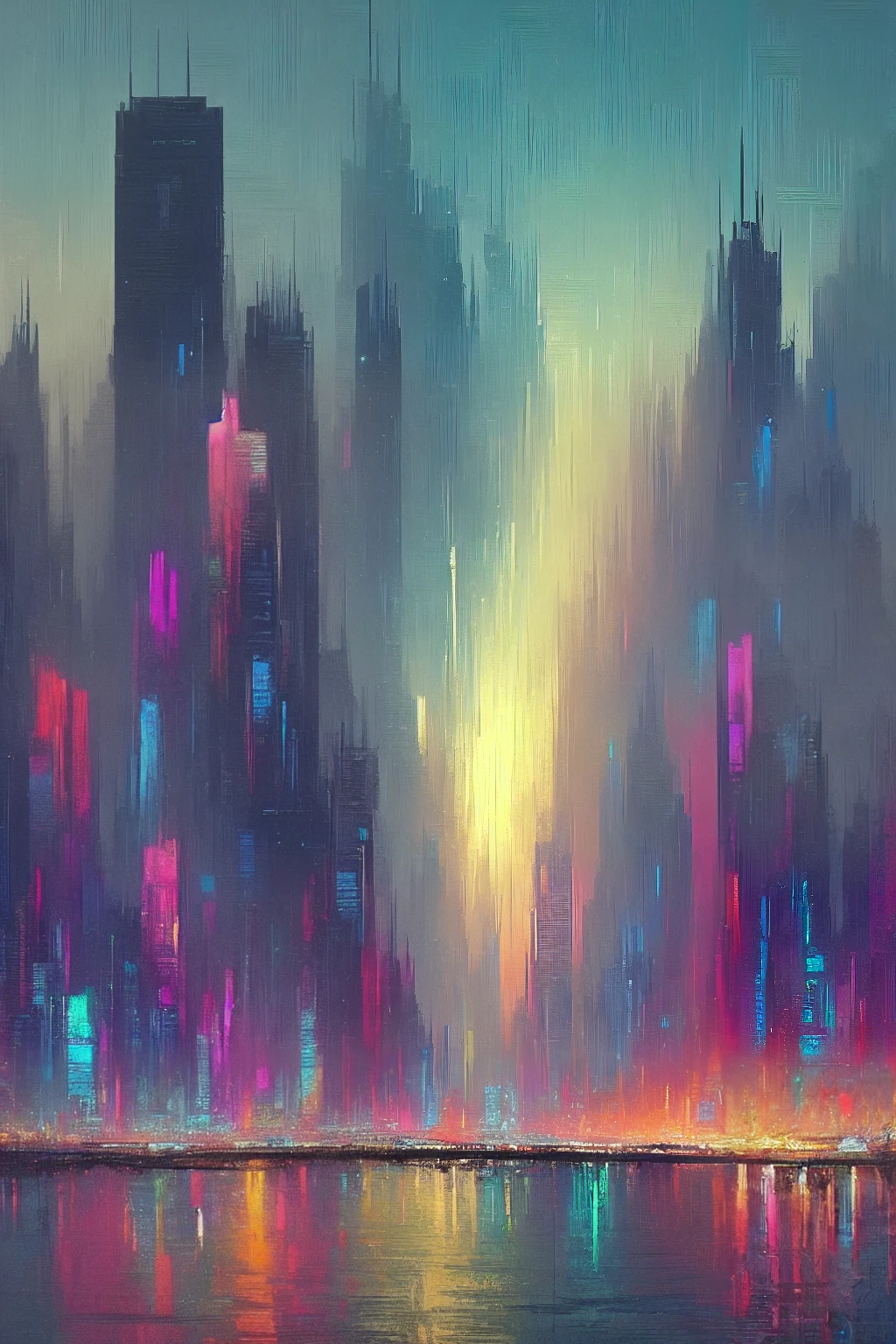 masterpiece, high quality, best quality, digital painting, impressionist style, bold brush strokes, silhouette, futuristic city, gigantic structures, futuristic skyscrapers, colorful neon lights, roads, small buildings, concrete shore, ocean, twilight