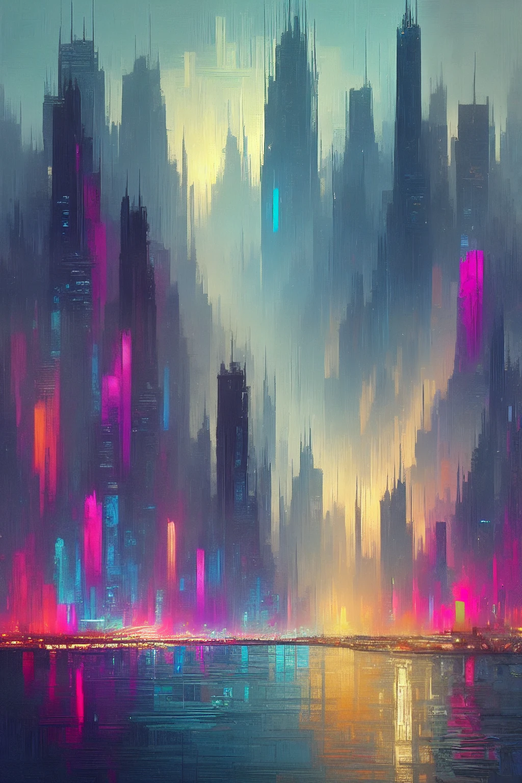 masterpiece, high quality, best quality, digital painting, impressionist style, bold brush strokes, silhouette, futuristic city, gigantic structures, futuristic skyscrapers, colorful neon lights, roads, small buildings, concrete shore, ocean, twilight