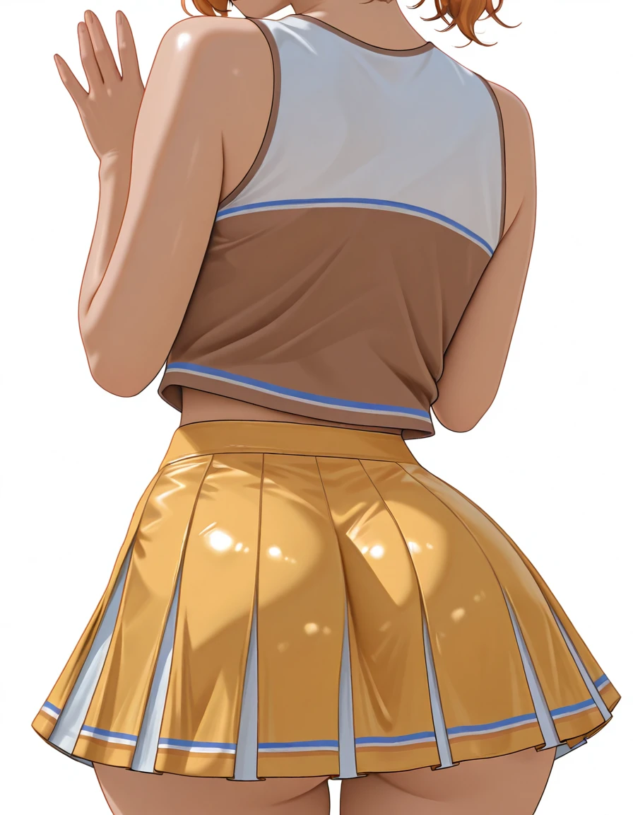 <lora:striped_cheerleader_costumeV2:1> 1girl,real skin, looking at viewer, realistic body, masterpiece,best quality,amazing quality,very aesthetic,absurdres,newest,stripcheerle4er, cheerleader,brown shirt,Yellow skirt, ,head out of frame,white background,from behind,hands up,