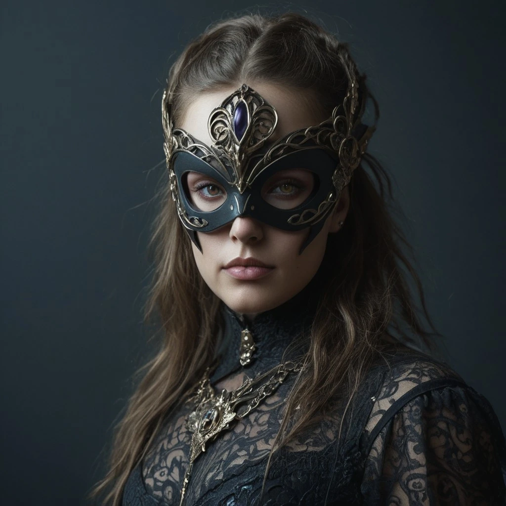 Fantasy Photoshoot, realism, studio photography, heavily retouched,
1girl, phantom mask, ultra-detailed swirling filigree patterns, faint ethereal glow, finely stitched embroidery, rich leather texture, deep shadows, cinematic lighting, handcrafted gothic aesthetic
