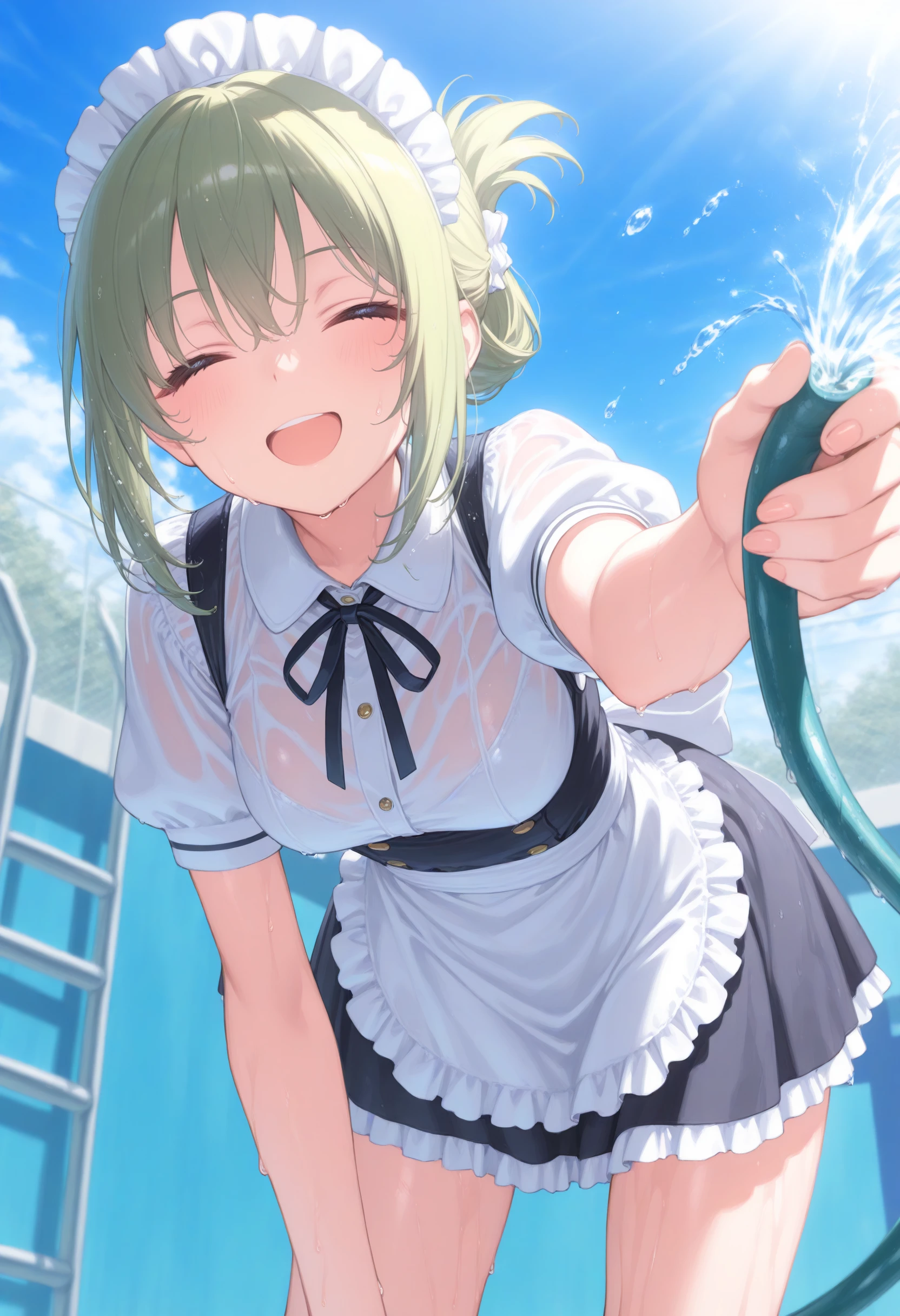 1girl,(sho \(sho lwlw\):0.7),(toosaka asagi:0.5),(sincos:0.3),solo,
masterpiece, best quality, newest, absurdres, CG, anime, source anime, illustration,
maid, maid headdress,medium breasts,
empty pool, hose, day, outdoors, wet clothes, chain-link fence, pool, water, fence, white scrunchie, blue sky, short sleeves, holding hose, wet, pool ladder, sunlight, splashing, water drop, leaning forward, outstretched arm, poolside, wet hair, sweatdrop ,<lora:emptypool_Illust_v1:0.8>
from below, cowboy shot, looking at viewer, green hair, white eyes,closed eyes, open mouth, folded ponytail hair,
