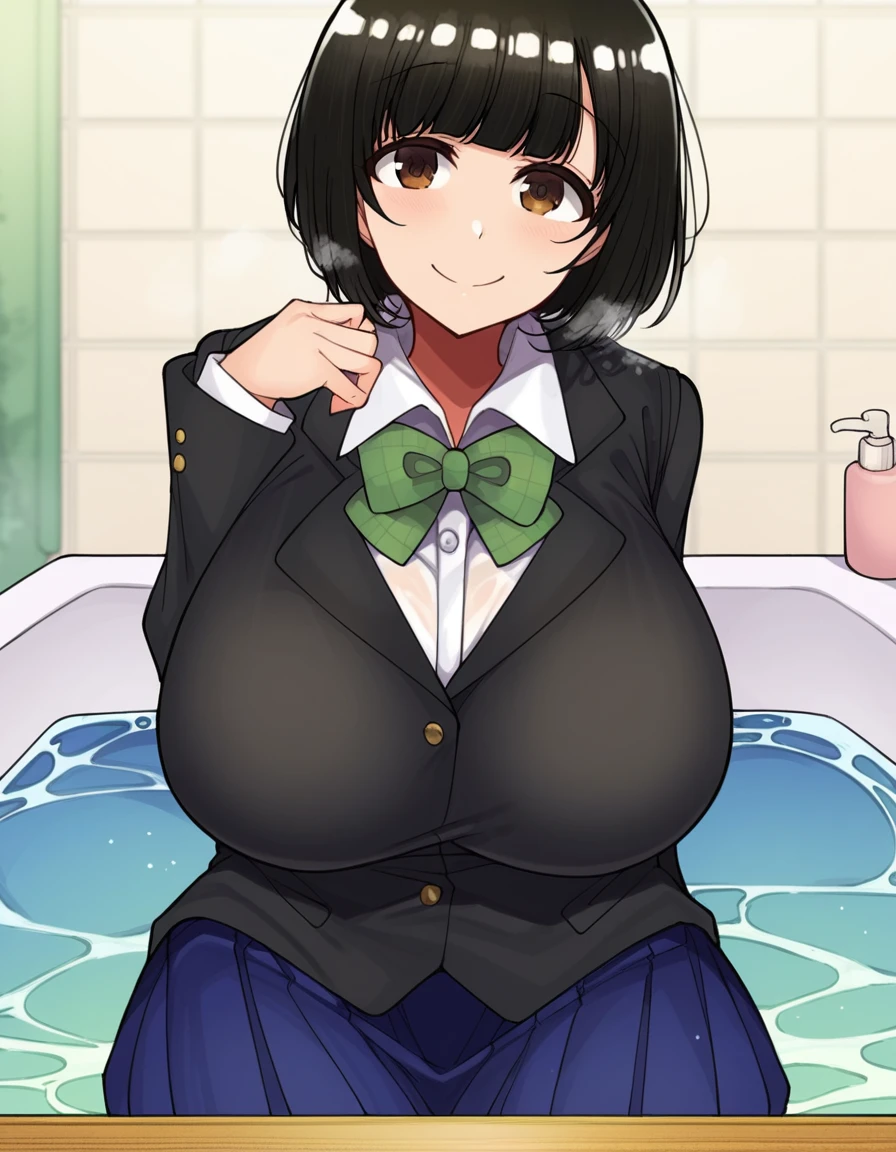 score_9, score_8_up, score_7_up, source_anime, <lora:motsuaki-yuuka-manga-ponyxl-lora-nochekaiser:1>, yuuka, breasts, short hair, bangs, black hair, brown eyes, huge breasts, bob cut,, skirt, shirt, bow, school uniform, jacket, white shirt, blue skirt, green bow, black blazer, collared shirt,, bathtub, water, bubbles, steam, towel, smile, sitting, elbow rest, table,, looking at viewer, solo,, cowboy shot, solo