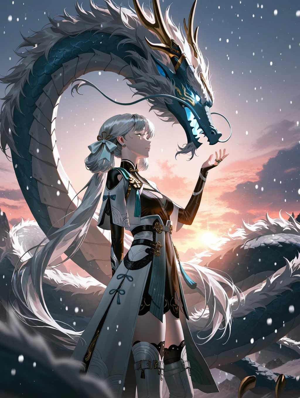 unholy-aesthetic,masterpiece,best quality,amazing quality,very aesthetic,absurdres,ultra detailed face,ultra detailed eyes,
jue \(wuthering waves\),eastern dragon, jinhsi \(wuthering waves\), fajyobore, nixeu,1girl, arm behind back, black dress, dusk, boots, bow, breasts, closed mouth, coat, large dragon, dress, from side,hair bow, hand up, jewelry, sunlight penetrate, long hair, {looking at another,face to face}, mole, mole on cheek, multiple rings, outdoors, snowing, white thigh boots, very long hair, white bow, white coat, white eyelashes, white eyes, {depth of field,blurry foreground, sunset, contrast, cloud, dragon surrounding, glowing, backlighting}, glowing eyes, white hair, wuthering waves,
,masterpiece,best quality,amazing quality,