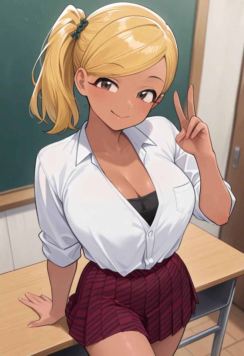 <lora:komiCantCommunicate:0.9>, manbagiRumiko, masterpiece, best quality, absurdres, 1girl, looking at viewer, standing, classroom, cowboy shot, school uniform, white shirt, red skirt, side ponytail, open mouth, smile, v, dark skin, cleavage