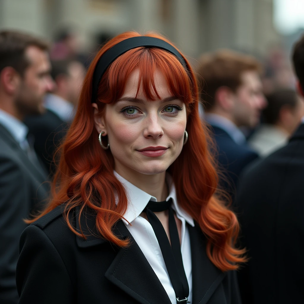 UHD, 4k, ultra detailed, cinematic, a photograph of <lora:Cinematic Spider-Man original style v1.1:1>
Cinematic mary jane Watson style a woman with red hair and a smile is standing in front of a crowd, cinematic film style, perfect cinematic image, perfect body, perfect anatomy, sharp cinematic image, detailed cinematic image, Kodak cinematic film color style, high quality film photography style, motion picture film style, mary jane watson style, long hair, looking at viewer, smile, black hair, hat, jacket, outdoors, earrings, red hair, hairband, necktie, facial hair, sunglasses, formal, suit, stairs, shirt, brown hair, closed mouth, solo focus, day, photorealistic, green eyes, lips, black hairband
, epic, beautiful lighting, inpsiring