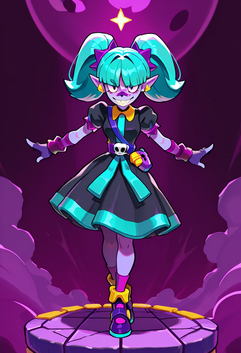 masterpiece, best quality, very aesthetic, absurdres, brawl_stars, 1girl, solo, Emz_harajuku(purple skin, aqua hair, twintails, bangs, (purple band on nose:1.4) ,nose covered, ponty ears, elf ear, black dress, sharp teeth), smiling, full body, wide shot, <lora:Smooth_Booster:0.25>, <lora:Emz_harajuku:1>, <lora:HerrscherAGGA2025_COLIG_ST-IL_V2:1>