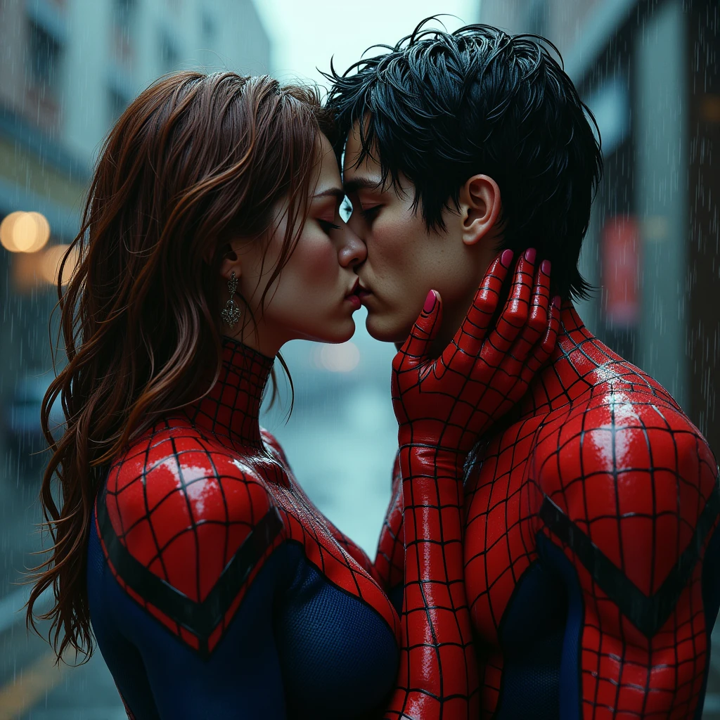comic book art of <lora:Cinematic Spider-Man original style v1.1:1>
Cinematic Spider-Man style a woman kissing a spider man in the rain upside down, cinematic film style, perfect cinematic image, perfect body, perfect anatomy, sharp cinematic image, detailed cinematic image, Kodak cinematic film color style, high quality film photography style, motion picture film style, Spider-Man style, brown hair, closed eyes, hetero, wet, bodysuit, rain, spider-man, blurry, oral, fellatio, wet clothes, wet hair, blurry background, kiss, ball, basketball (object), basketball, basketball uniform, comic art, graphic novel illustration