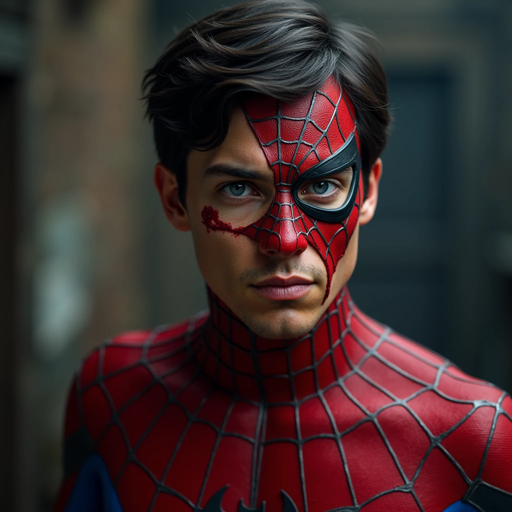 UHD, 4k, ultra detailed, cinematic, a photograph of <lora:Cinematic Spider-Man original style v1.1:1>
Cinematic Spider-Man style Peter Parker a man in a torn spider - man suit with a spider - man torn split mask on, cinematic film style, perfect cinematic image, perfect body, perfect anatomy, sharp cinematic image, detailed cinematic image, Kodak cinematic film color style, high quality film photography style, motion picture film style, Spider-Man style, solo, looking at viewer, black hair, closed mouth, blurry, black eyes, blurry background, mask, bodysuit, portrait, superhero, red bodysuit, spider-man, blood, depth of field, blood on face, split face style, shoe, epic, beautiful lighting, inpsiring