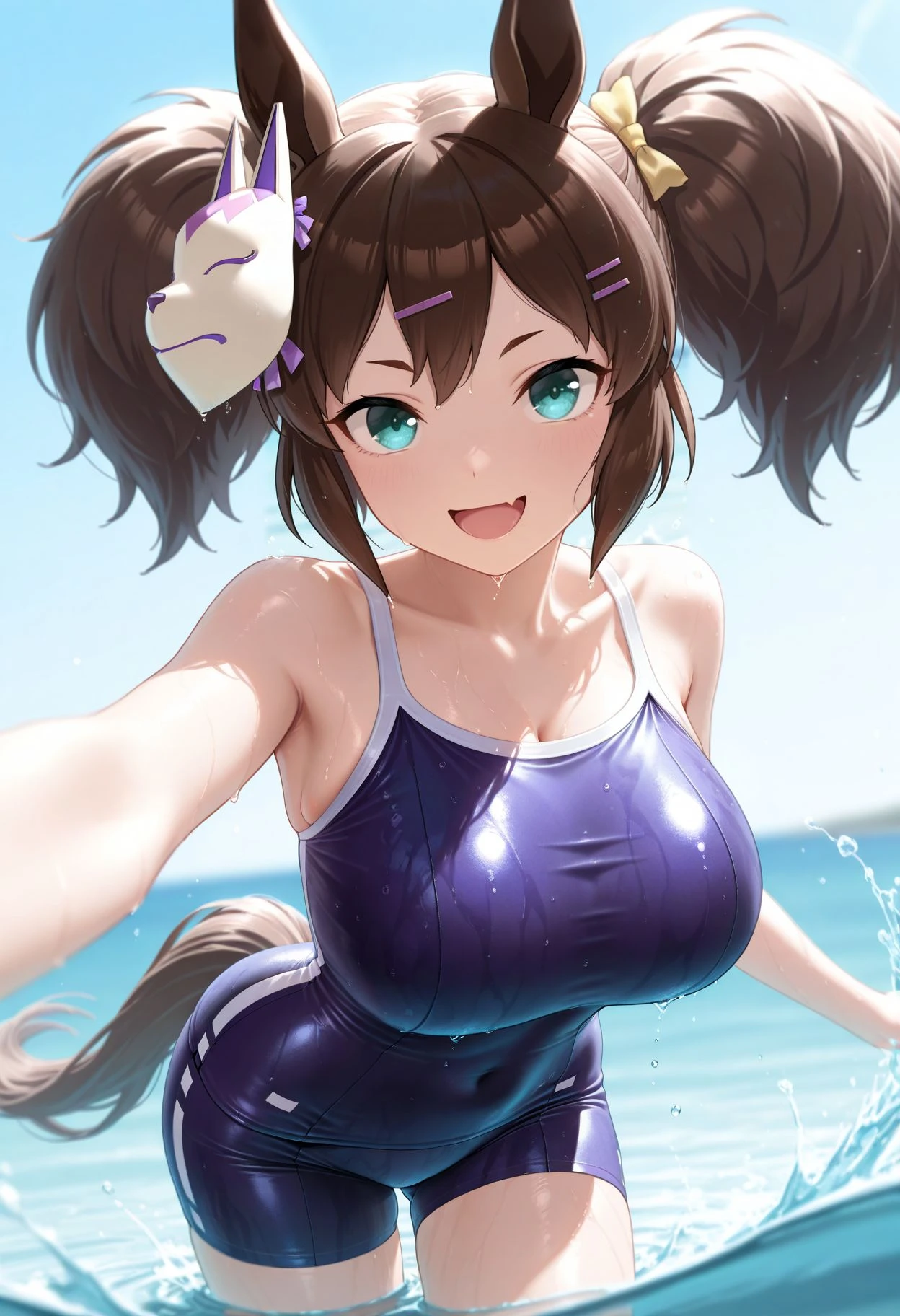 masterpiece,amazing quality,best quality,ultra-detailed,8K,illustration, amazing quality, newest, absurdres, ,perfect body, perfect face, rim lighting,
ocean, hairclip, looking at viewer, day, blue sky,
<lora:Inari One illu:1> Inari One, 1girl, competition school swimsuit, large breasts, horse girl, horse ears,, tracen swimsuit, skin fang, fox mask, horse tail, wet swimsuit, white background, tail through clothes, looking at viewer, smile, open mouth, simple background, blurry background, brown hair, wet clothes, ocean, partially submerged, splashing, smile, open mouth, reaching, standing, cowboy shot,