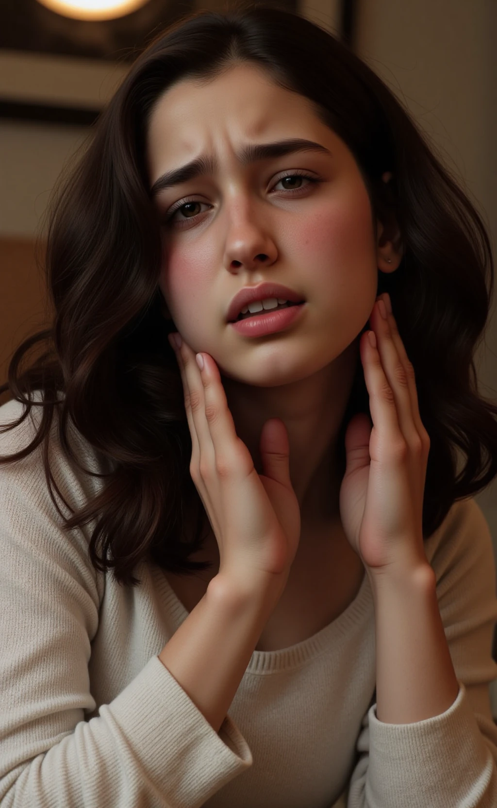 Studio lightning, lit by a softbox front left, backlit by a warm, golden light. Soft shadows. close-up portrait, shallow depth of field. An 18 year old woman, long wavy dark hair. She is in pain. She has a painful facial expression. Detailed skin texture with pores and blemishes. White knitted sweater. Bedroom.
