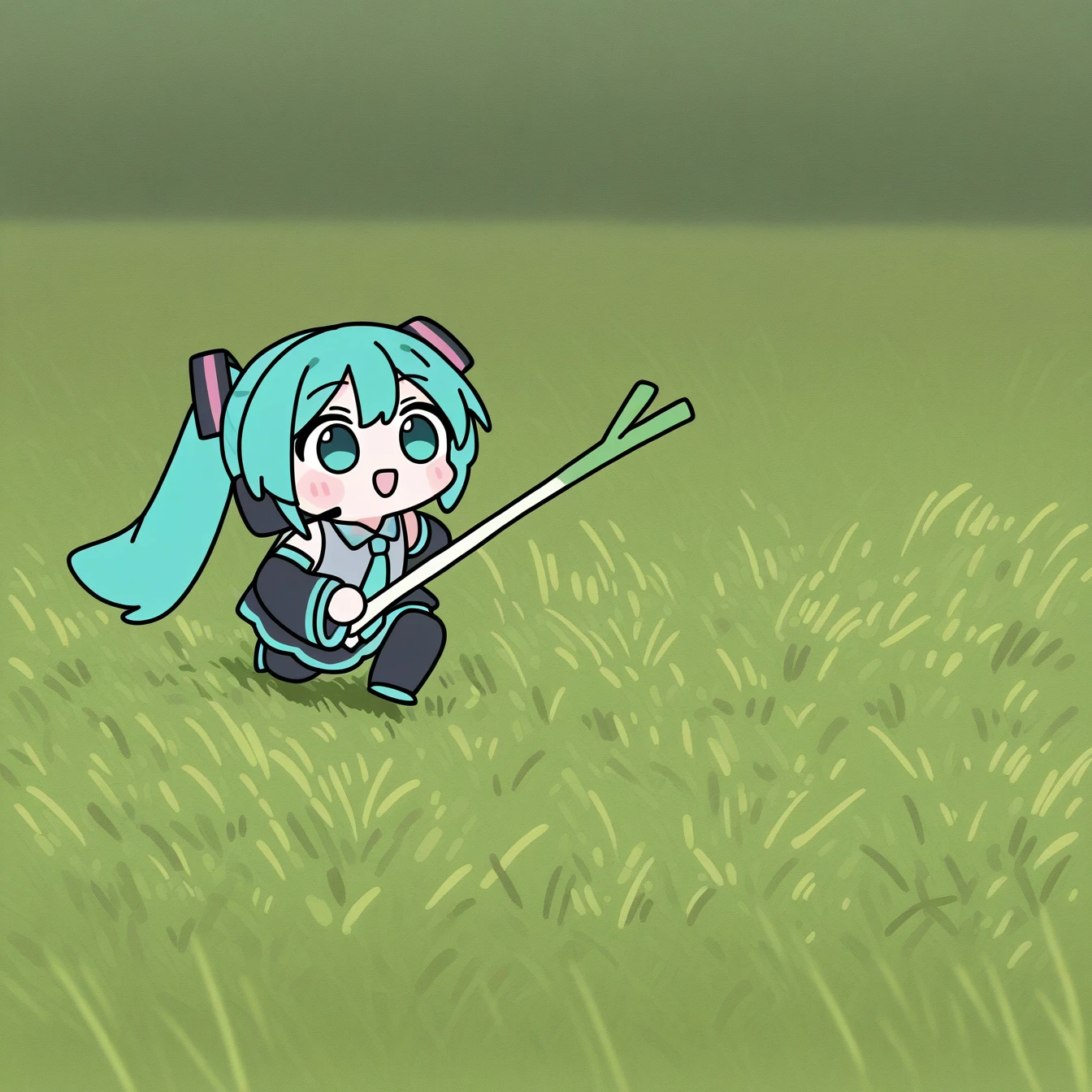 1girl, solo, general, hatsune miku, spring onion, meme, parody, chibi, running, meadow, field, masterpiece, highres, absurdres, very aesthetic, newest, best quality, good quality